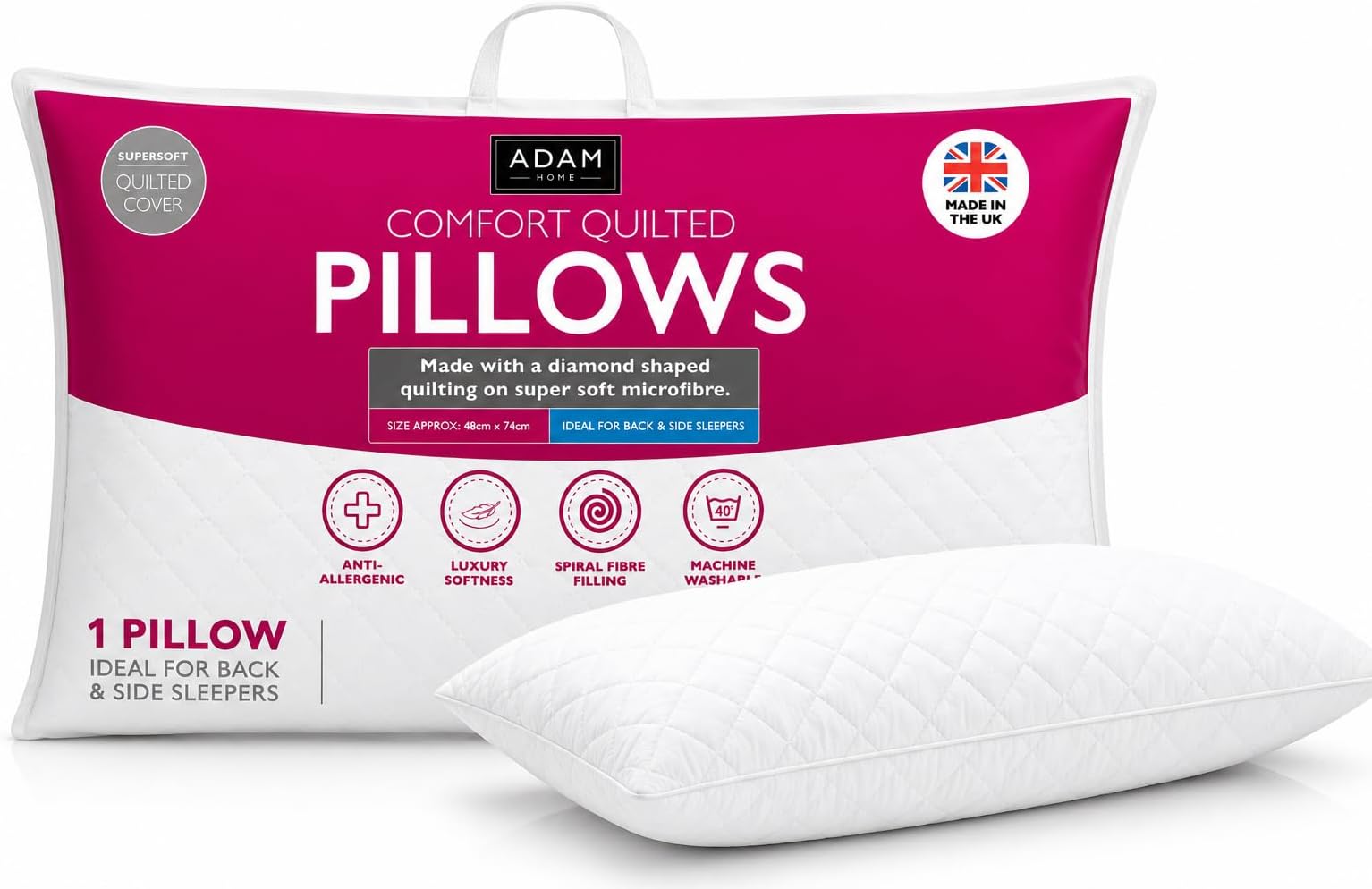 Adam Home Pillow 1 Pack Hotel Quality with Quilted Cover- Premium Filled Pillows for Stomach, Back and Side Sleeper Pillow, Down Alternative Bed Pillow-Soft Hollow-Fiber Hotel Pillow