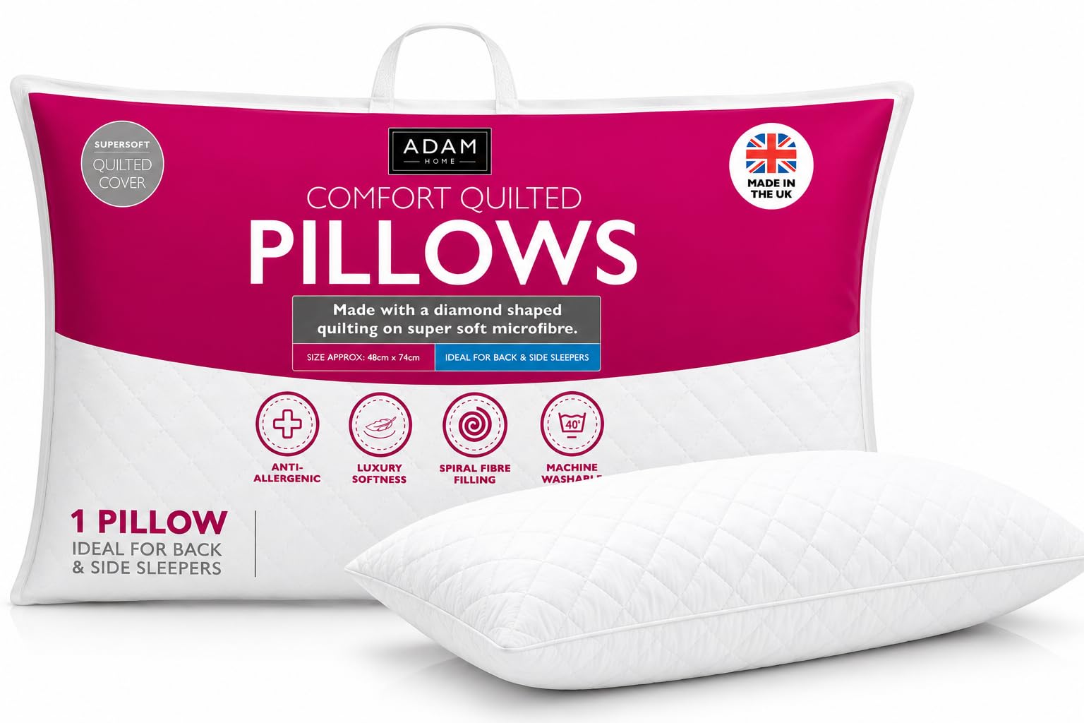 Adam Home Pillow 1 Pack Hotel Quality with Quilted Cover- Premium Filled Pillows for Stomach, Back and Side Sleeper Pillow, Down Alternative Bed Pillow-Soft Hollow-Fiber Hotel Pillow