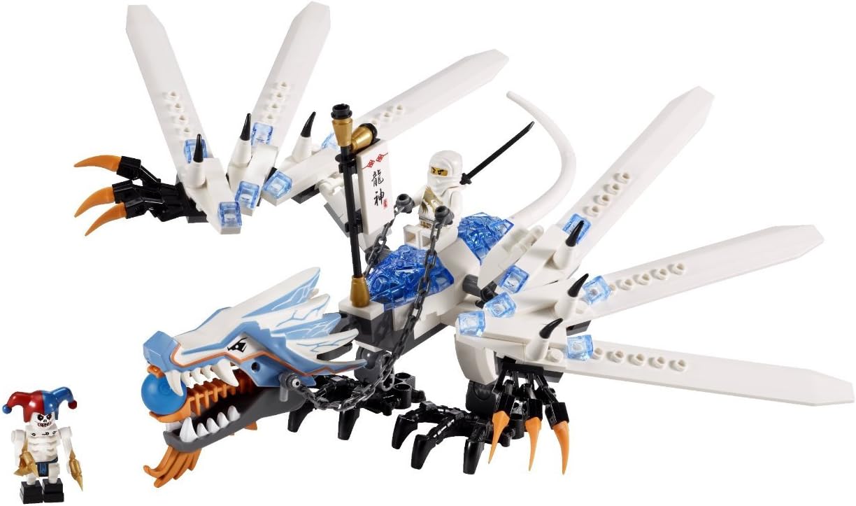 LEGO Ninjago Ice Dragon Attack 2260 assembled, showing Zane on its back and Krazi minifigure