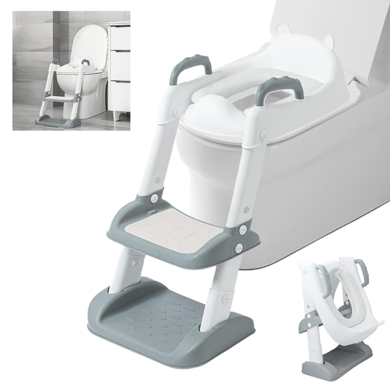 2 en 1 Reducteur Toilette Enfant avec Antidérapant Escalier & Coussin Moelleux, Rehausseur Toilettes Bebe Hauteur Réglable,Siège WC Antidérapante,Adaptateur Tabouret Pliable pour Toilettes Forme V,U,O