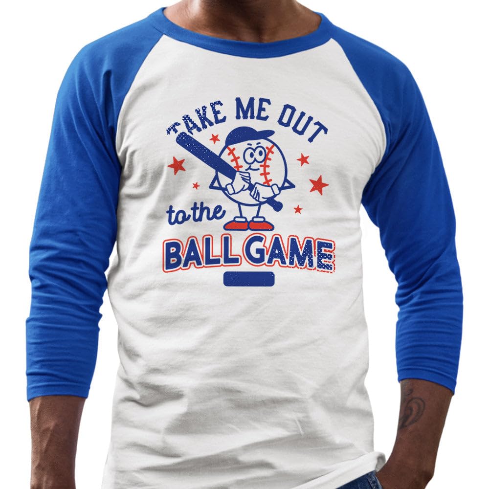 Take Me Out to The Ball Game Three-Quarter Raglan Sleeve Baseball Shirt Unisex 2X-Large White/Royal