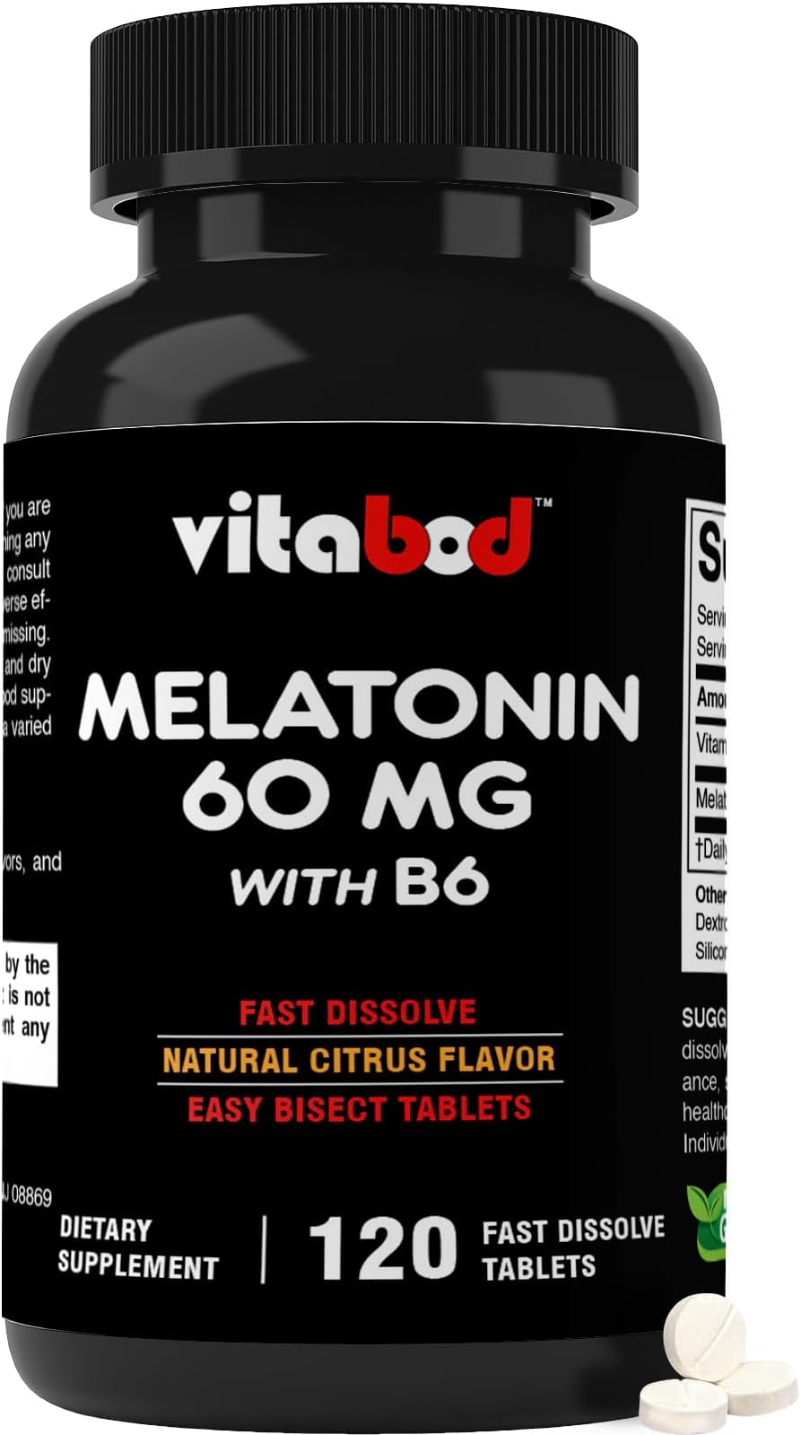 Vitabod Melatonin 60 mg with Vitamin B6 โ 120 Fast Dissolve Tablets | Extra-Strength Sleep Support โ Drug-Free โ Natural Citrus Flavor โ Vegetarian, Non-GMO, Gluten-Free, Made in USA