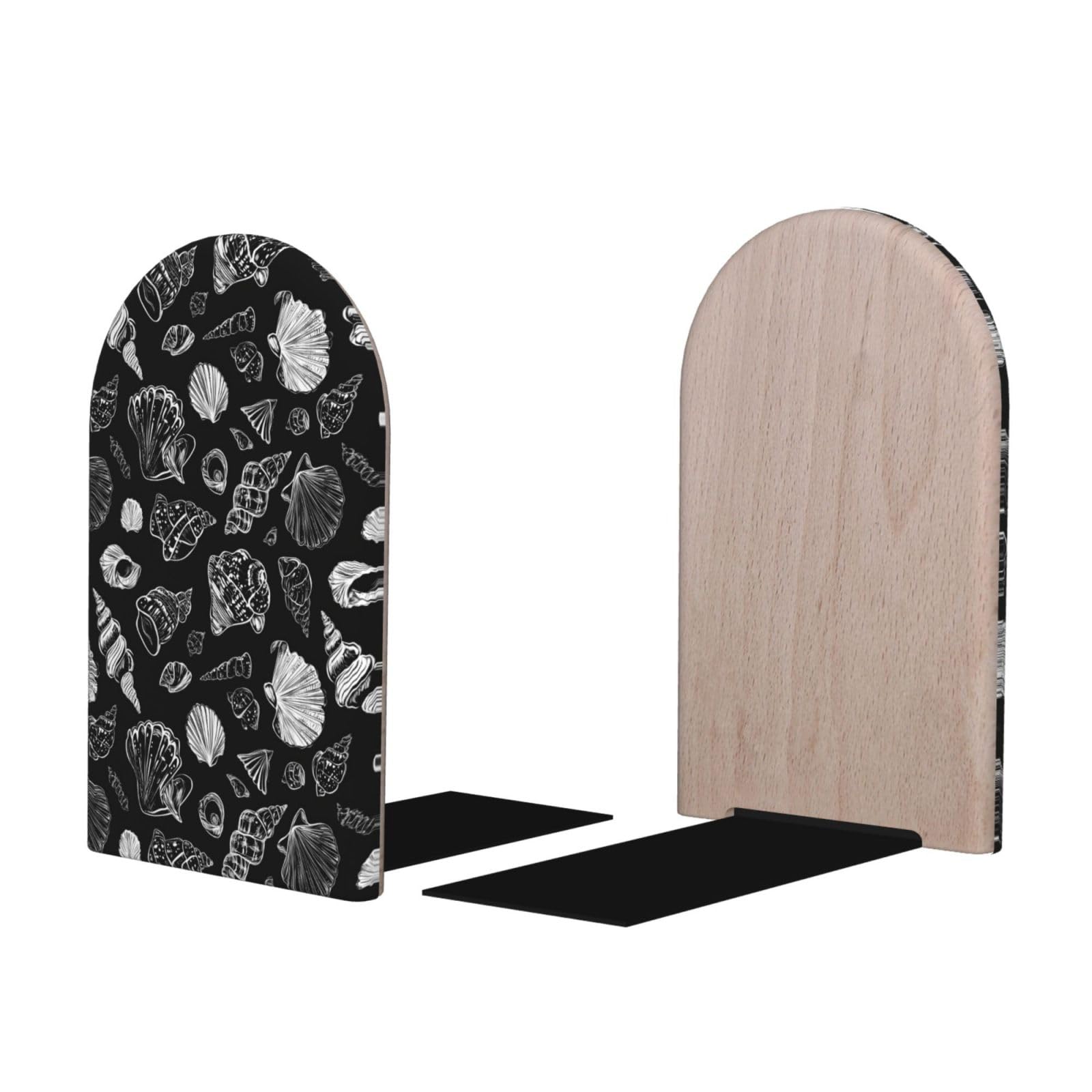 Black Sketch Shells Print BookEnds 1 Pair, Decorative Bookends for Heavy Books, Wood Book Ends for Shelves, Book Organizer for Home Desk Office Supplies