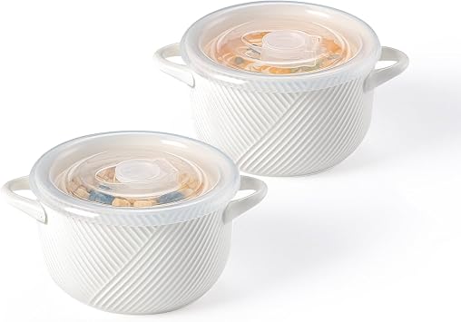 Ceramic French Onion Soup Bowl with Handle & Lid, 24 oz, White