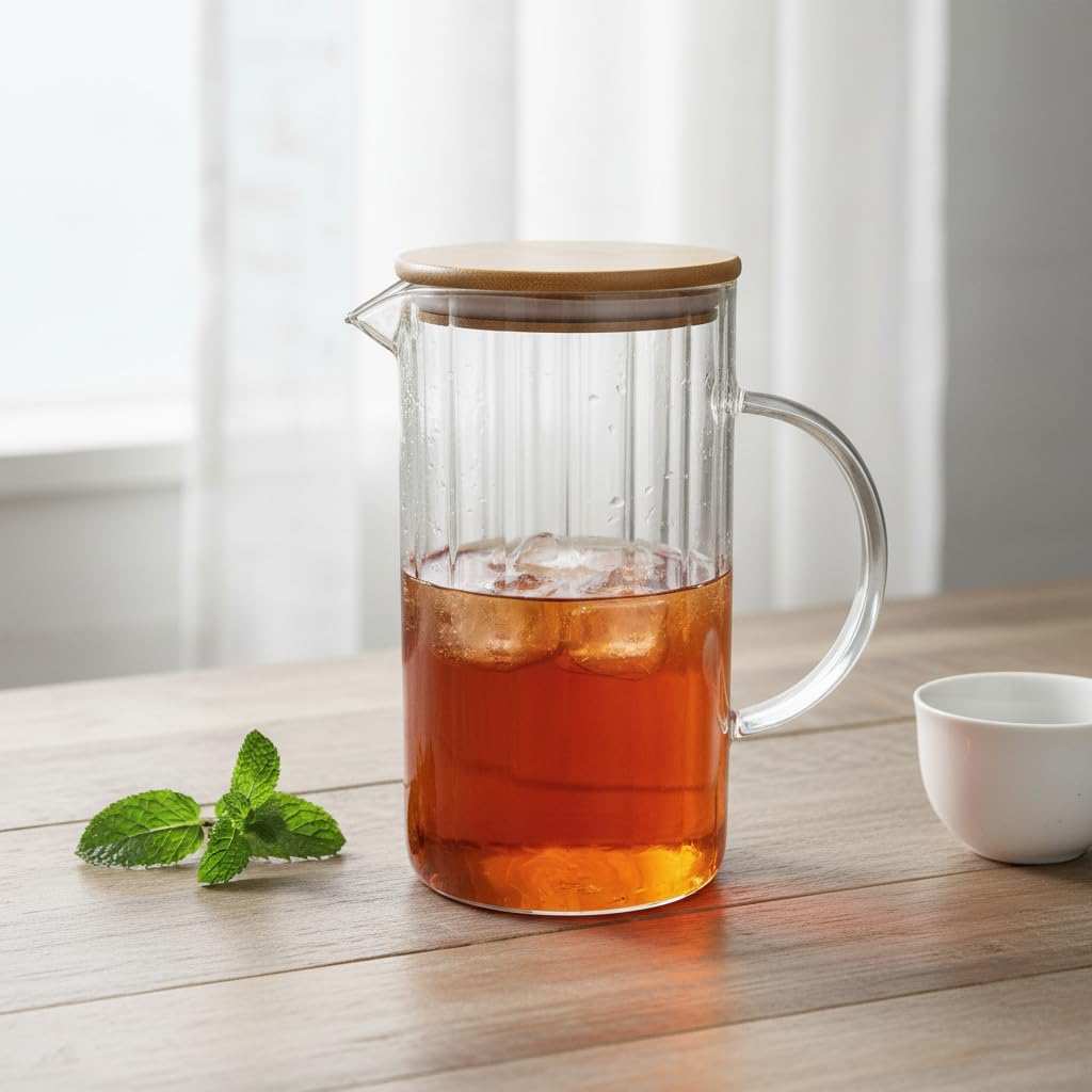Deconox 1000 ML Bambu Kapaklı Borosilikat Cam Yağlık ve Sürahi - Isıya Dayanıklı Çizgili (Line) Desenli Modern Meşrubat ve Su Karafı (9x17 cm)