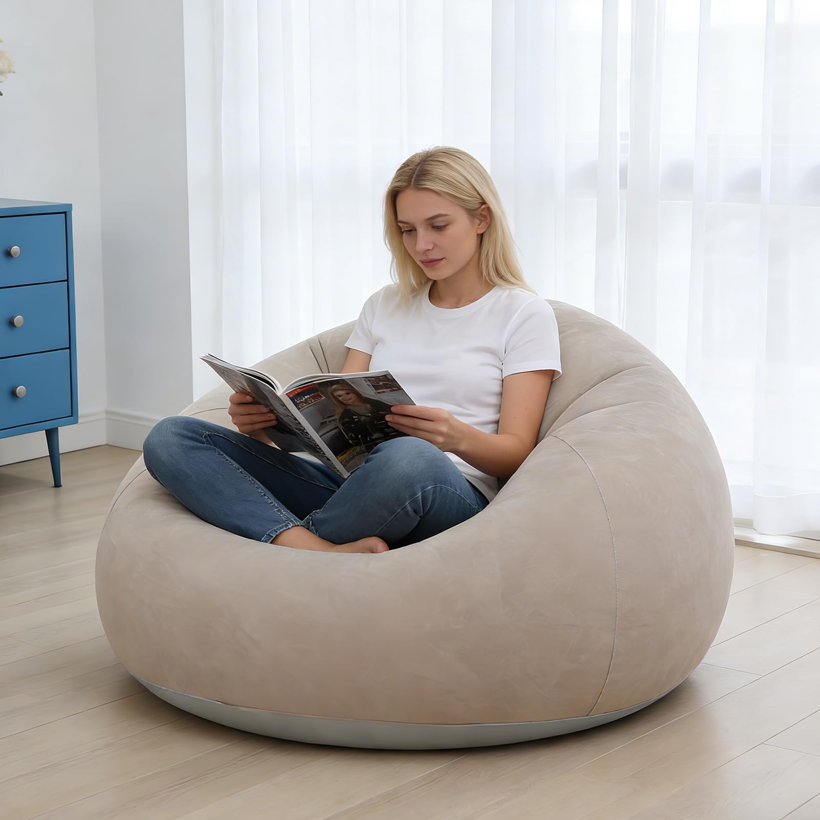 FARYODI Divano gonfiabile, poltrona gonfiabile, 105 x 105 x 60 cm, ultra morbida, senza riempimento di fagioli, gonfiabile e portatile, per soggiorno, giardino, campeggio (caffè)