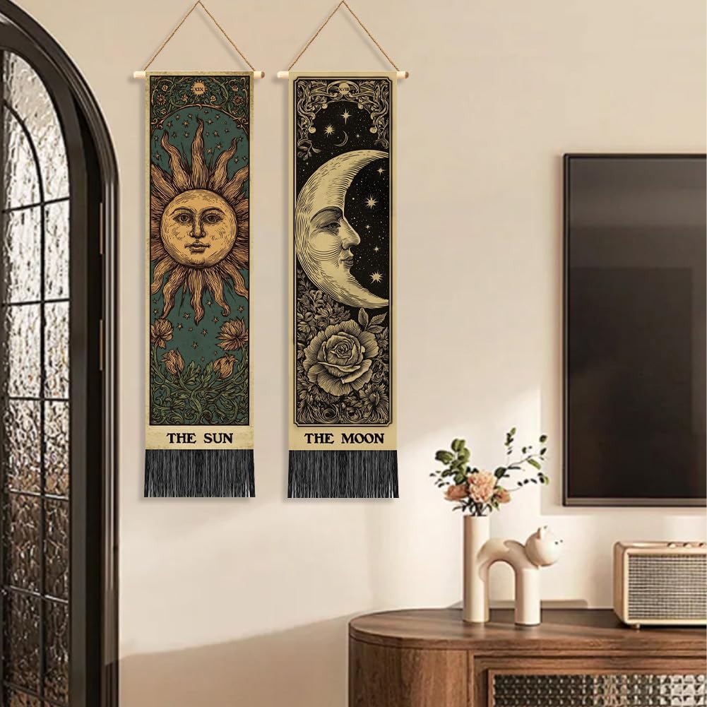 TNKBREEZE 2Pcs Tarot Vertical Tapestry 51.2x13 In Tarot Card Sun and Moon Long Vertical Wall Hanging Tapestry with Tassels Home Decor for Bedroom Living Sitting Dorm Studio Apartment Decor