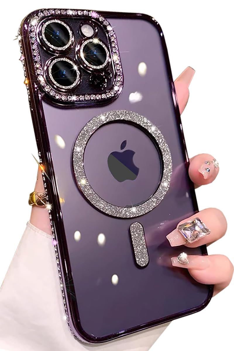 Kwhapoo Luxury Bling Magnetic Compatible with iPhone 14 Pro 6.1 Inch Glitter Case, Cute Soft Clear Rhinestone Diamond Compatible with MagSafe Camera