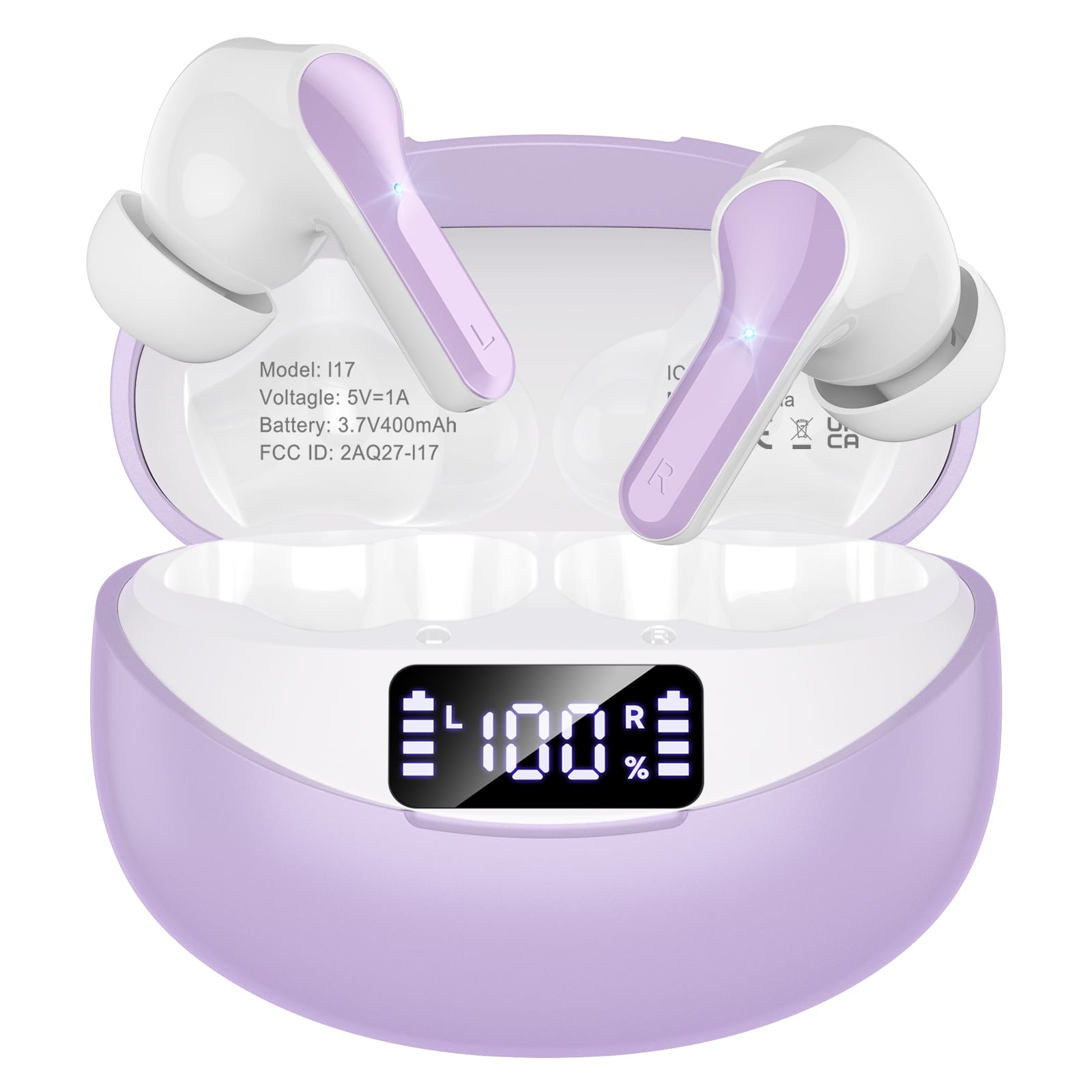 Bluetooth 5.4 Headphones HiFi Stereo 50H Playback LED Digital Display Ear Buds Purple-image-19