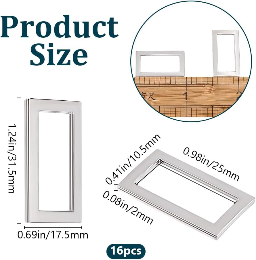 Beebeecraft 1 Box 16Pcs Metal Rectangle Ring Buckles Purse Buckle Silver Alloy Flat Rectangular Slide Buckle Loop Keeper Belt Connectors for Adjuster Bag Purse Strap Belt Supplies DIY Making 25mm