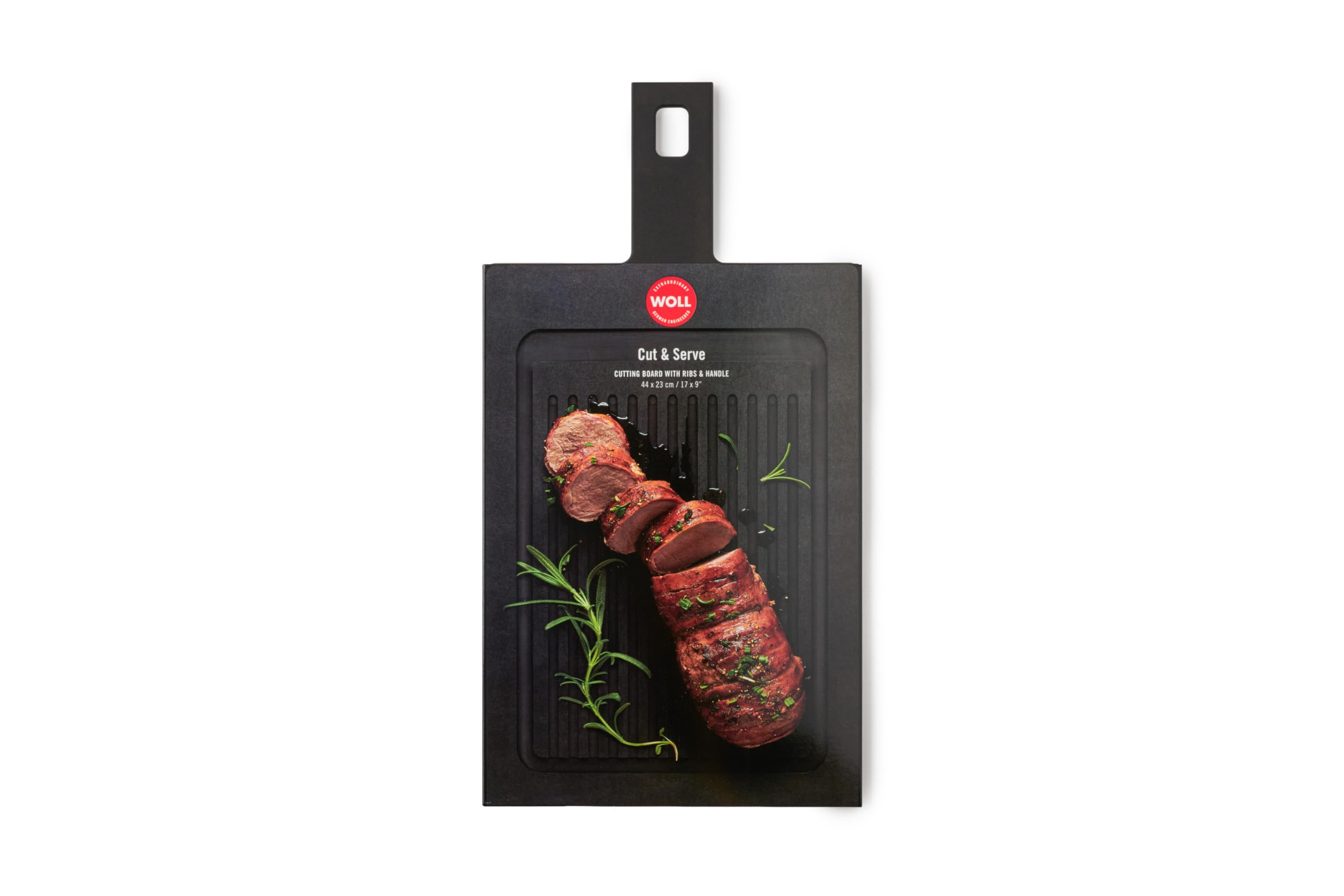 WOLL – Planche à découper Cut & Serve 44 x 23 cm avec rainures – composite papier certifié FSC – sans BPA ni COV – résistante à la chaleur – compatible lave-vaisselle, noir mat