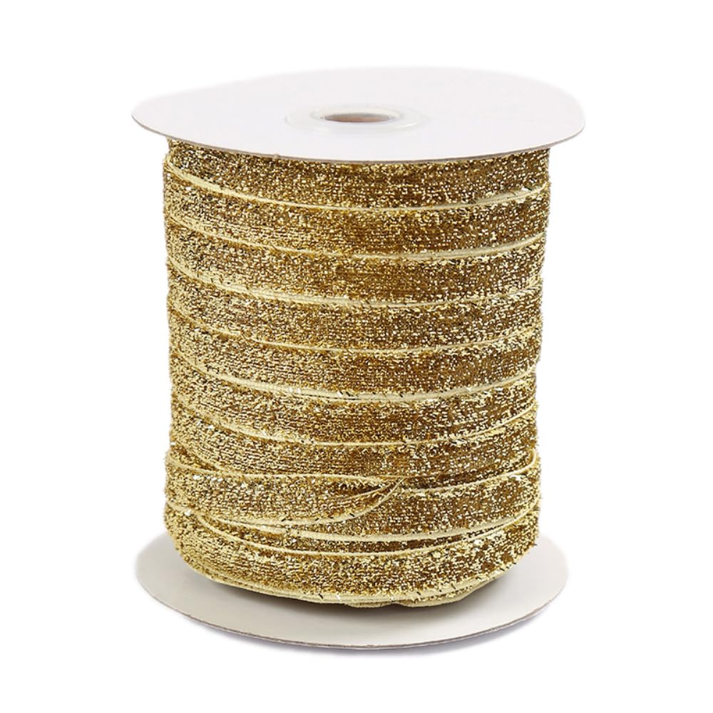 Cinta de terciopelo con purpurina, cinta decorativa, cinta de regalo, para envolver regalos, costura, decoración de boda, decoración de Navidad, oro claro, 15 mm de ancho, 100 yardas de largo
