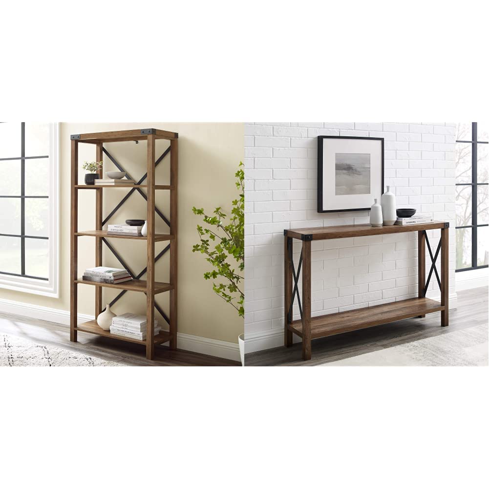 Walker Edison Andersen Urban Industrial Metal X Back Bookshelf, 64 Inch, Rustic Oak & Sedalia Modern Farmhouse Metal X Entry Table, 46 Inch, Rustic Oak