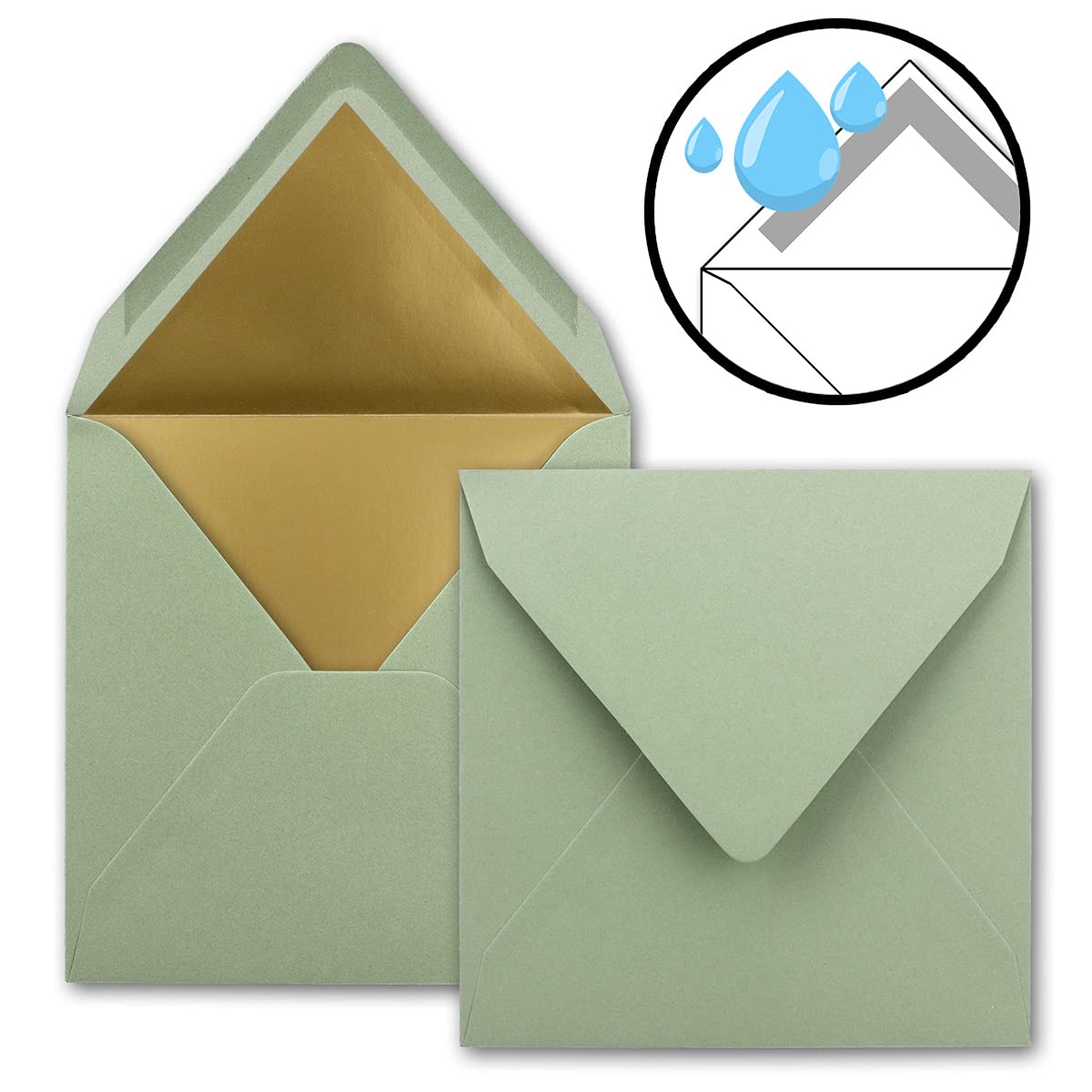 100 sobres cuadrados de 15,5 x 15,5 cm, verde eucalipto, forrados con papel dorado, adhesivo húmedo, FarbenFroh by GUSTAV NEUSER