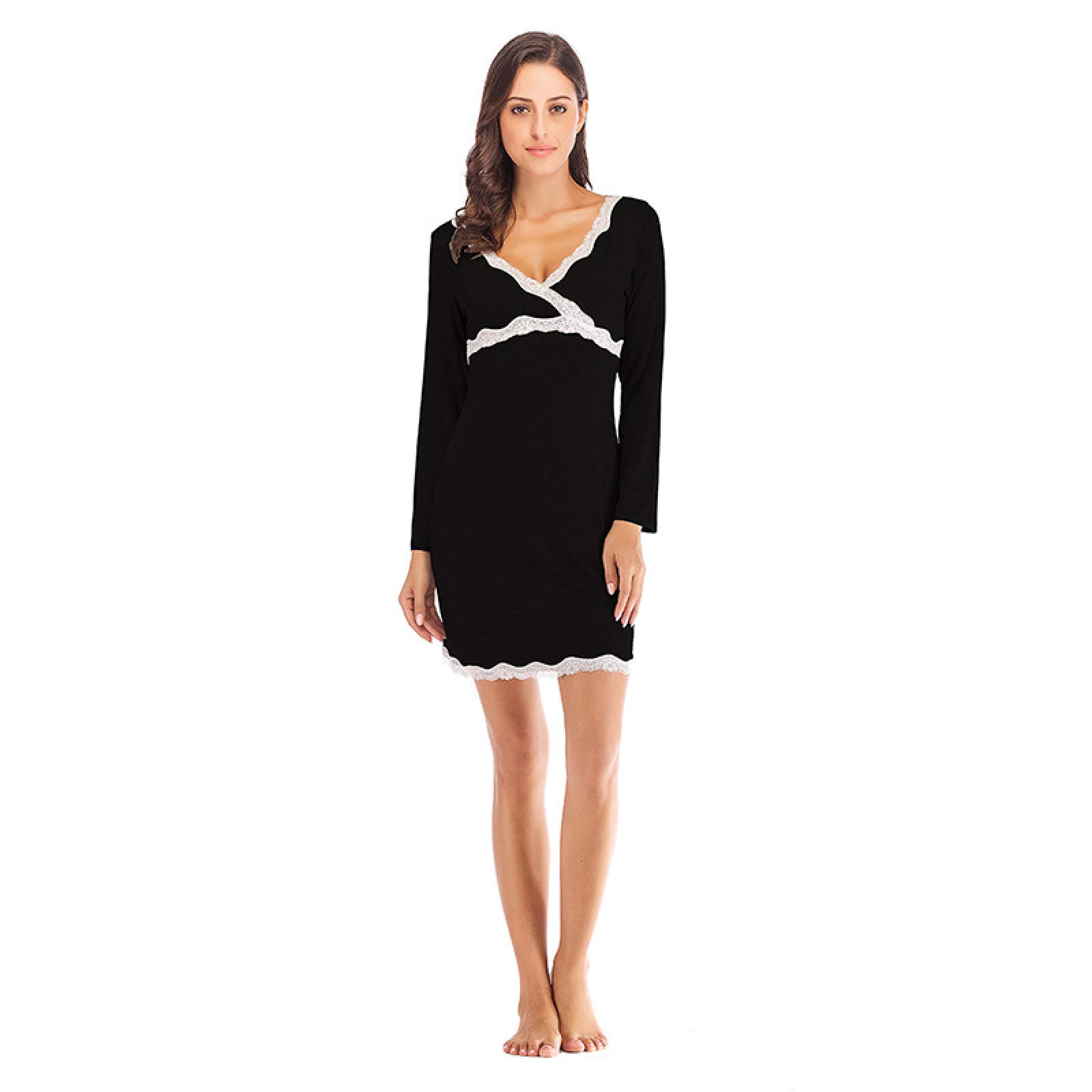 OFFSUM Camisón De Pijama De Mujer - Camisón De Encaje con Cuello En V Elegante Camisón De Moda Casual Primavera Verano Camisón De Color Sólido Vestido Lencería