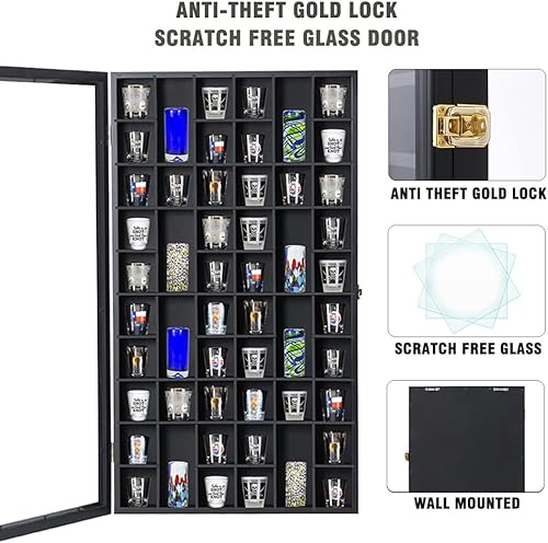 Miniatura 3 de Exhibidor de vidrio de chupito grande de madera para gabinete, montaje en pared, caja de sombra negra con cerradura con protección UV, caja de