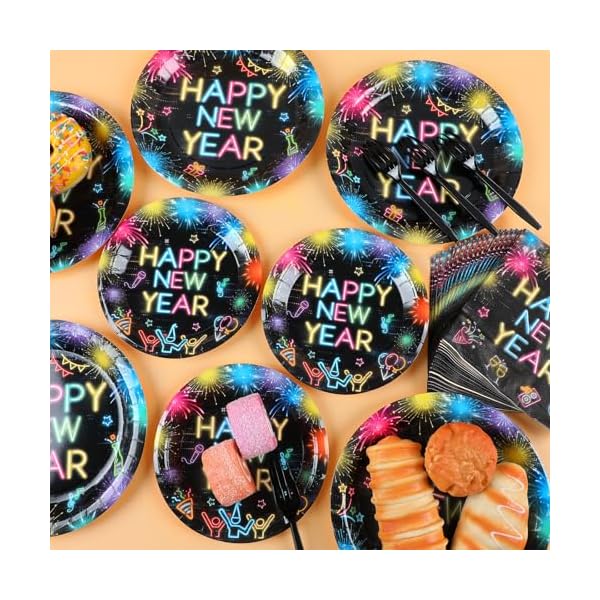   96pcs-Happy-New-Year-Party-Plates-and-Napkins-Glow-in-the-Dark-Neon-Party-Decorations-for-New-Year-Eve-Party-Dessert-Plates-Holiday-Paper-Dinnerware-Kids-New-Year-Birthday-Tableware-Decor-Serve-24