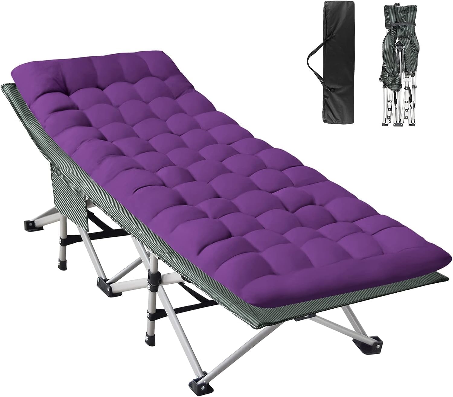 ZENPETIO Camping Cot, Camping Cots for Adults with Thick Mattress, Heavy Duty Cots for Sleeping 500LBS (Max Load) 1200D Double Layer Oxford, Camping Bed for Home Travel Camp Beach Vacation Gray Cot+purple Gray Pad