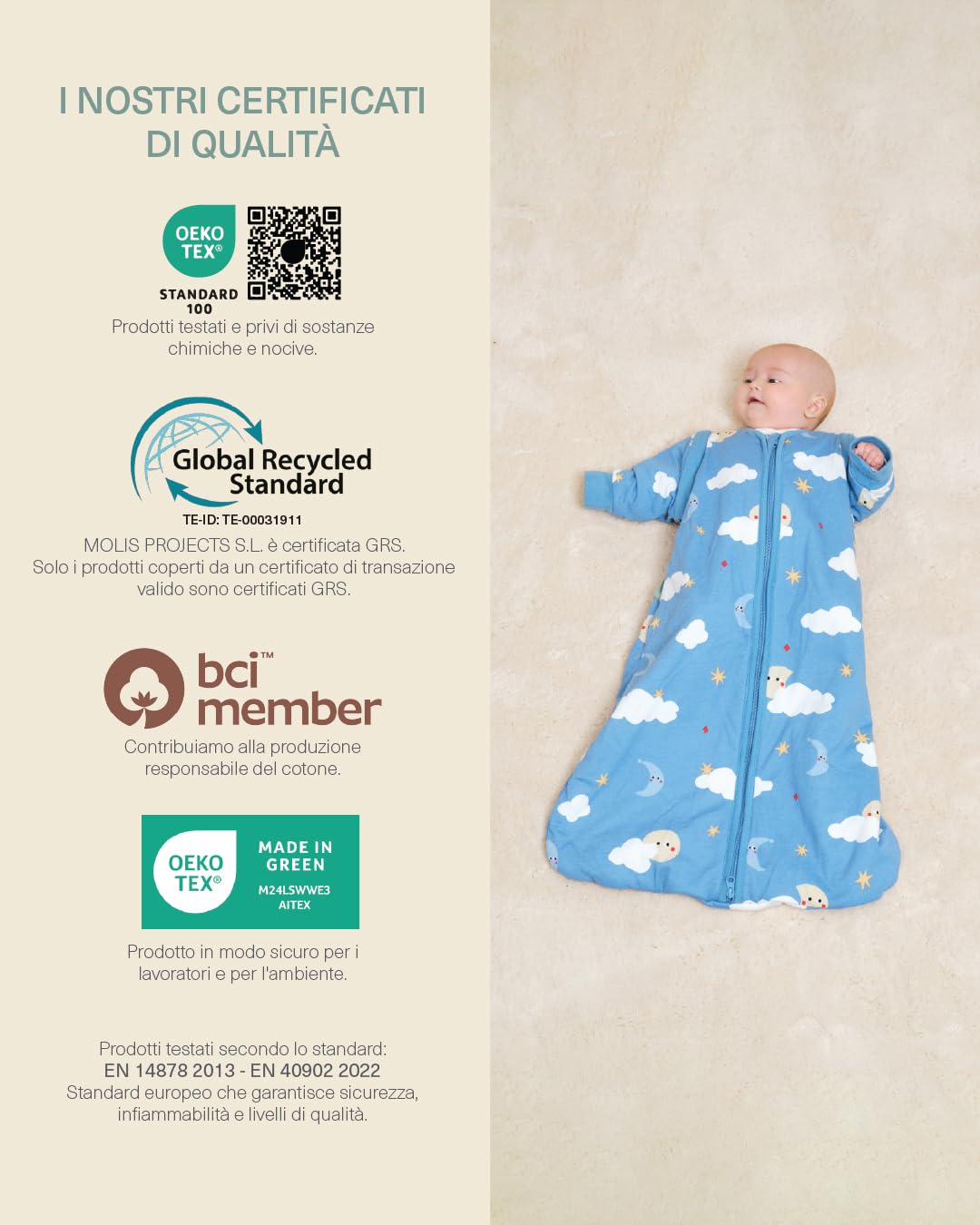 molis&co - Sacco Nanna 1 TOG - Sacco nanna maniche staccabili - Primaverile e autunno - Sacco Nanna per Neonato da 6-12 mesi - 100% Cotone (Certificato Oeko-Tex) - Leggermente Imbotito - Good Night
