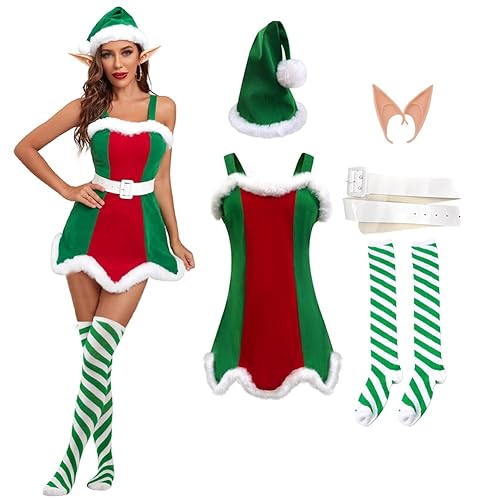 XYGJZ Women Christmas Velvet Mini Dress 5 Pcs Elf Costume Dress with Hat Belt Stockings - Red - Small