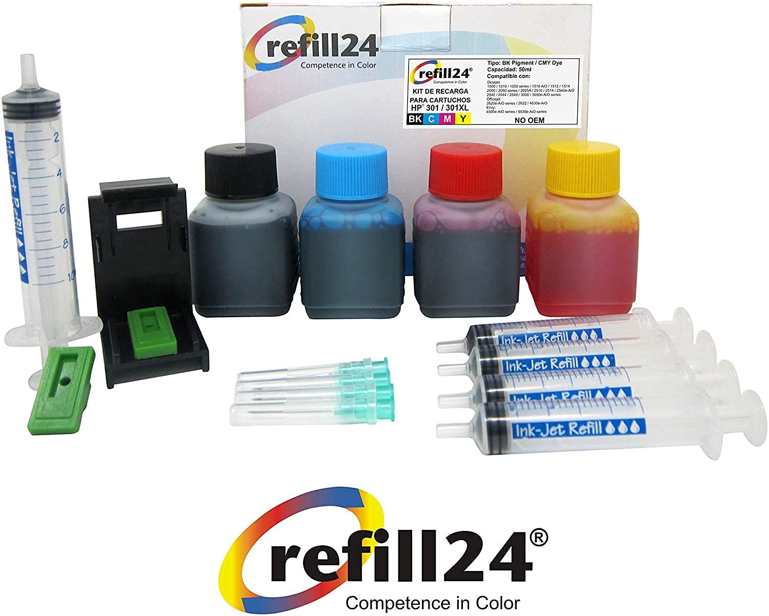 refill24 Kit di ricarica compatibile per cartucce d'inchiostro HP 301, 301 XL nero e a colori, include clip e accessori + 200 ml inchiostro