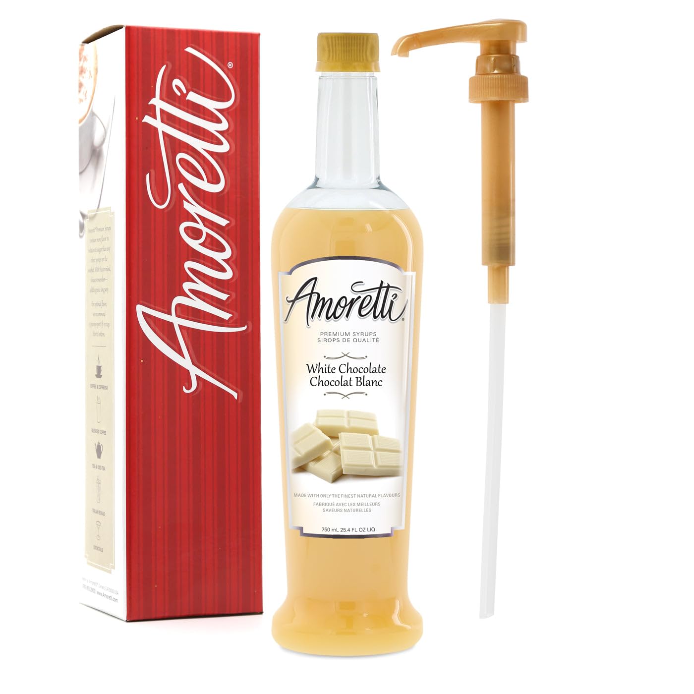 Amoretti - Premium White Chocolate Syrup, 94 Servings Per Bottle (750 ml), with Pump for Flavoring Coffees, Cocktails, and other Beverages, Gluten Free, GMO/GEO Free, Preservative Free