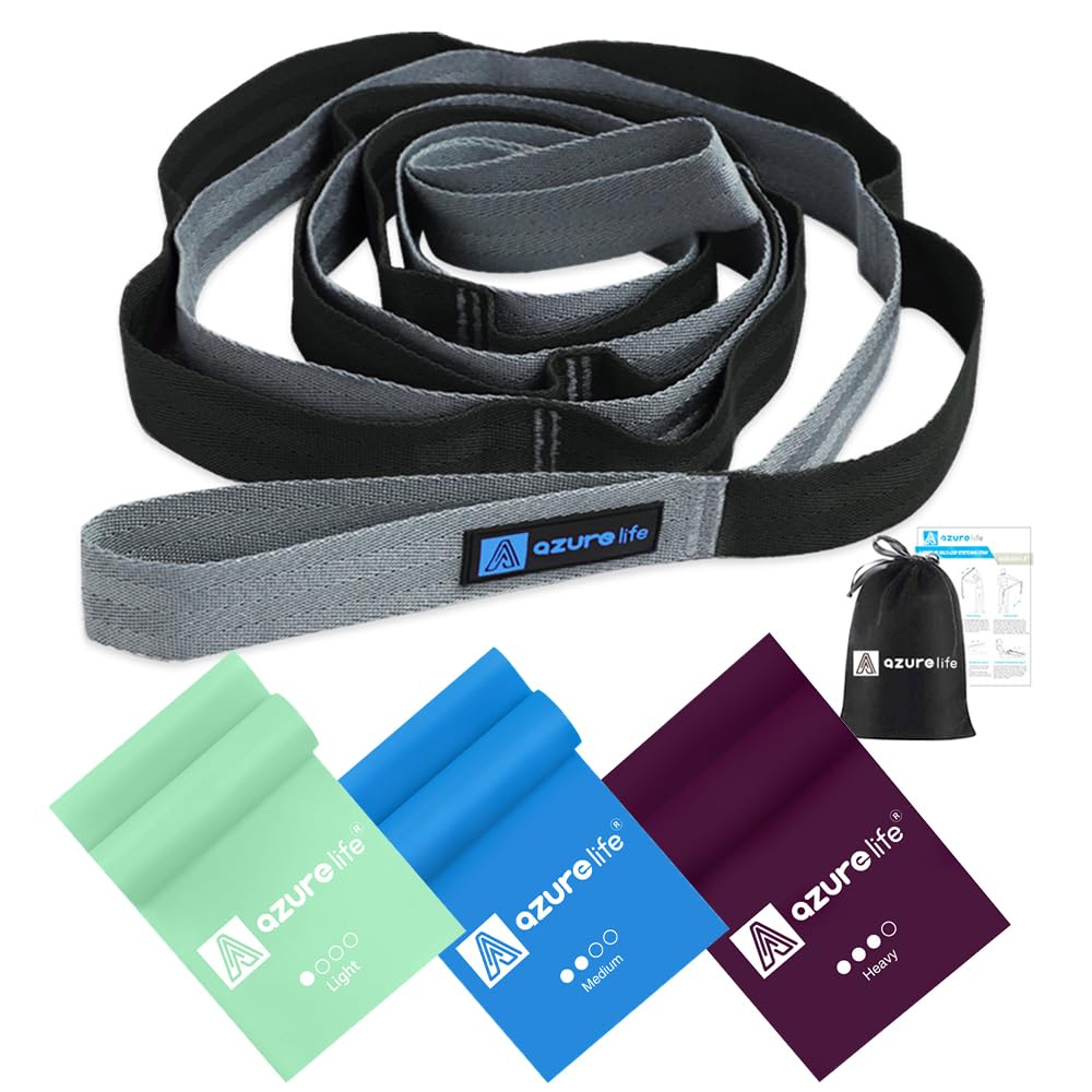 Flat Resistance Band Set (3 Pieces Total) Exercise Bands and Premium Durable Cotton Stretch Strap with Loops