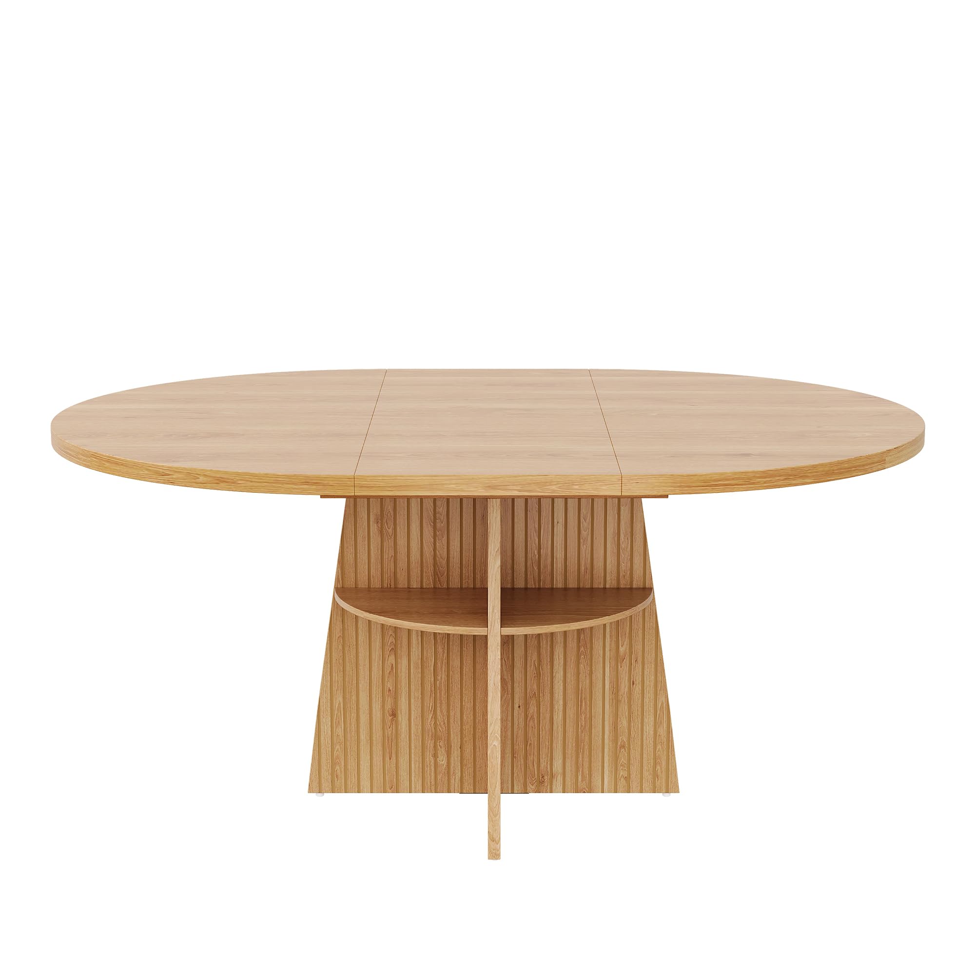 Mesa de comedor redonda extensible, 110-150 x 110 x 77,5 cm, ahorra espacio, para 2-8 personas, con tablero extensible y estante integrado, mesa moderna de madera en aspecto natural, natural