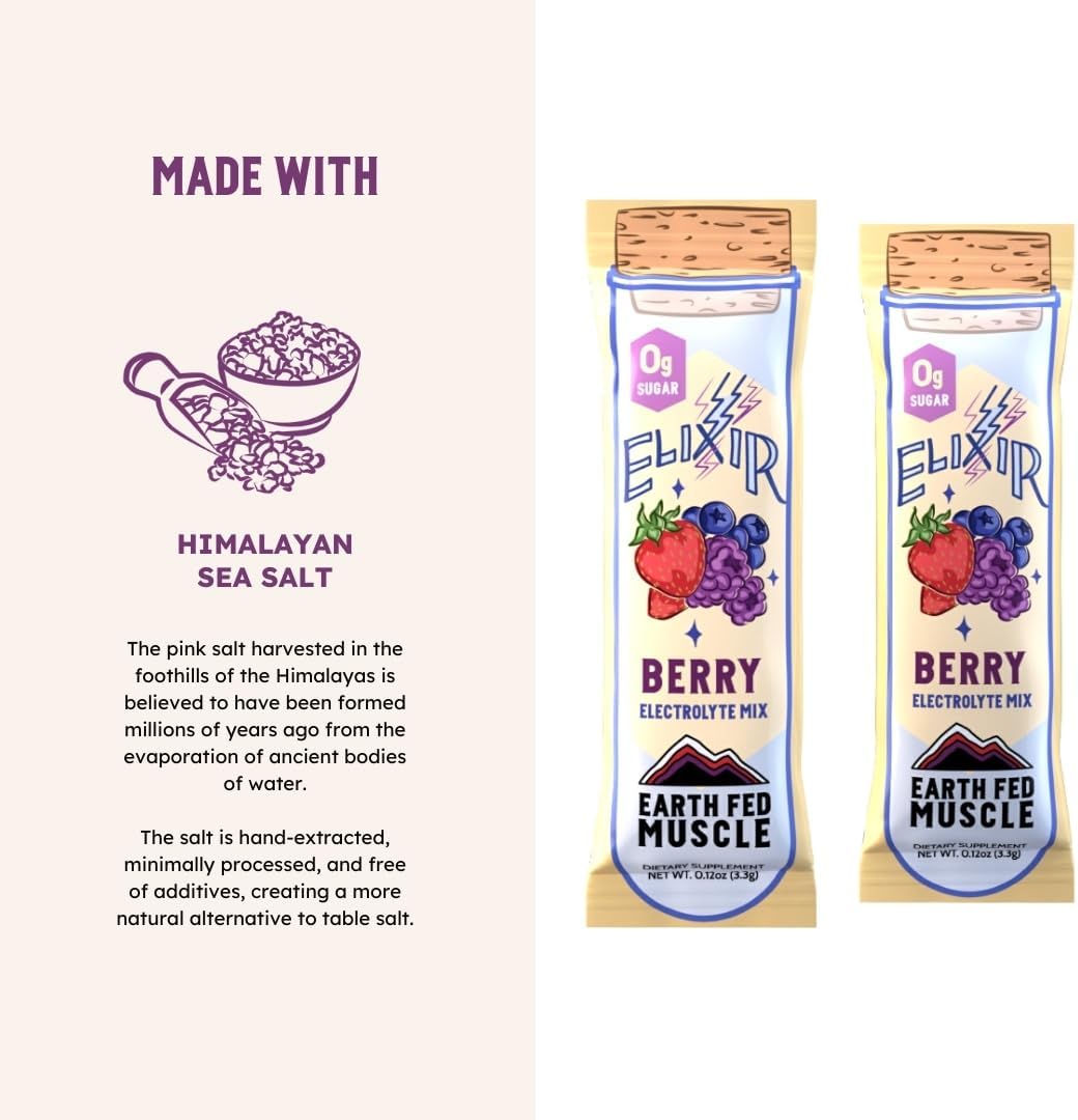 Earth Fed Muscle Elixir Electrolyte Powder Packets - Berry Flavor with Himalayan Sea Salt - Sugar Free, Stevia Sweetened - 3X Electrolytes - 30 Single Serve Hydration Drink Mix Sticks - Image 3