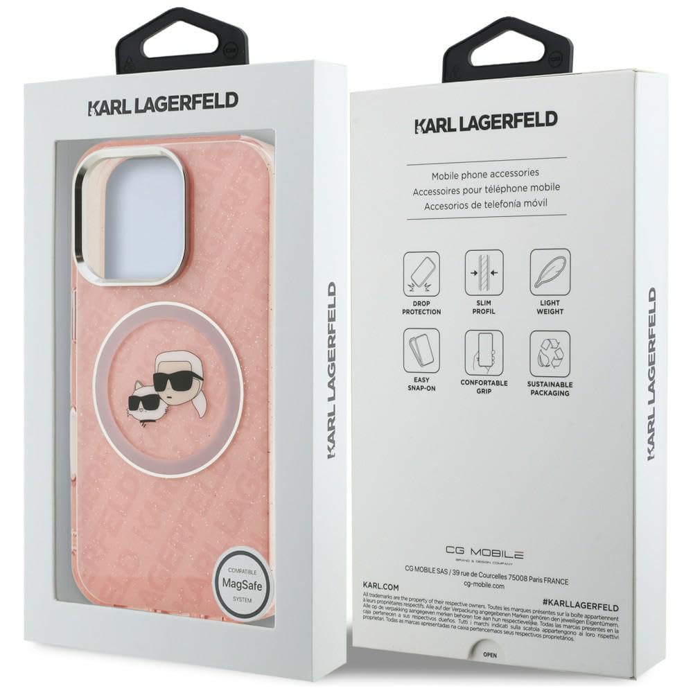 CG MOBILE Karl Lagerfeld IML Glitzer Karl & Choupette Köpfe Logo kompatibel mit MagSafe Hülle für iPhone 16 Pro Max (Rosa)