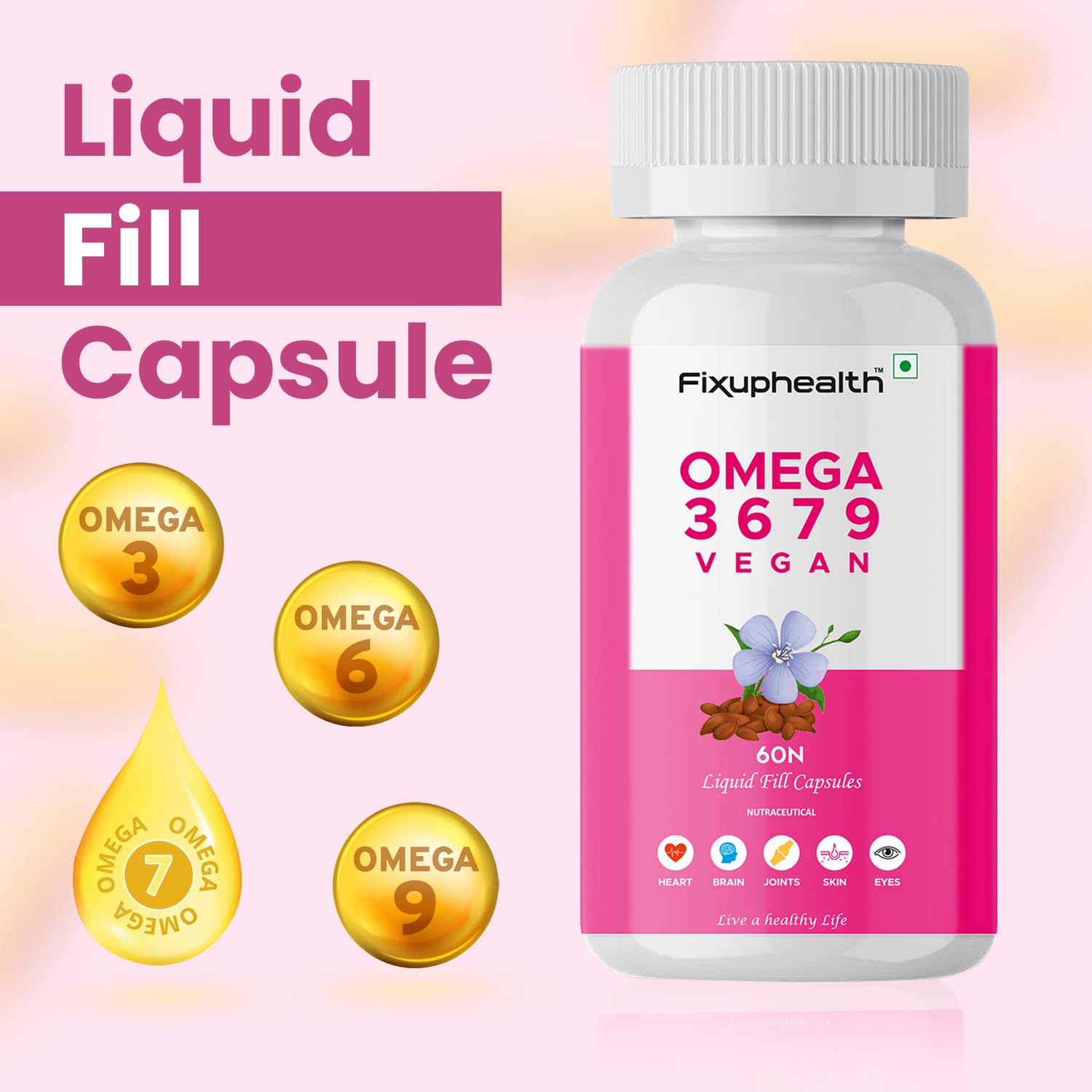 Fixuphealth Omega 3 6 7 9 Vegetarian Capsules with Flaxseed Oil