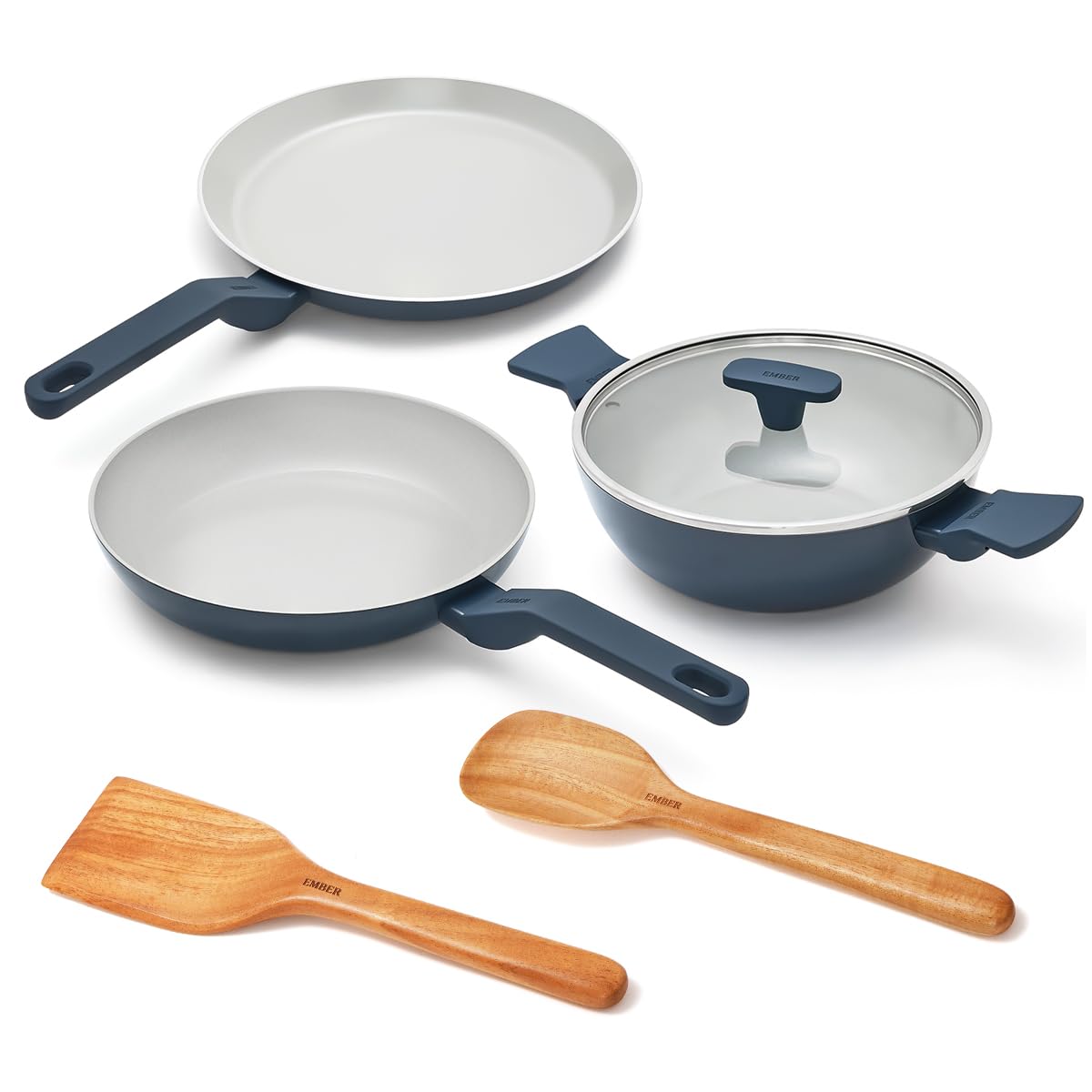 Ember Cookware Arcilla Ceramic Non Stick Cookware Set of 3 | Frying Pan 24cm, Kadai 2.6 Litre with Glass Lid & Tawa 28cm | Non Toxic Ceramic Cookware Gift Set | ISI Certified | PFAS PTFE Free | Blue Ember Cookware Arcilla Ceramic Non Stick Cookware Set of 3 | Frying Pan 24cm, Kadai 2.6 Litre with Glass Lid & Tawa 28cm | Non Toxic Ceramic Cookware Gift Set | ISI Certified | PFAS PTFE Free | Blue