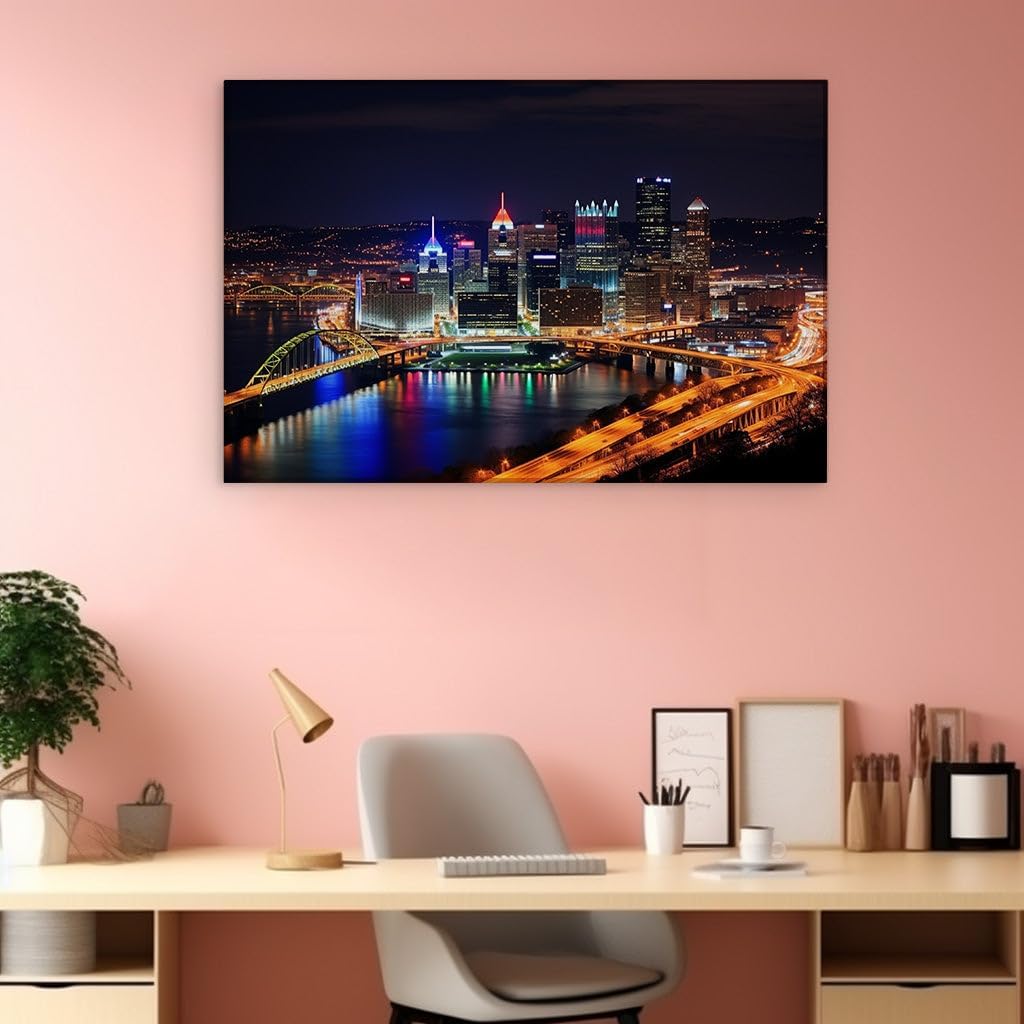 Canvas for Living room. Pittsburgh Nights: A Symphony of Light and Reflection, 27 x 18 inch Canvas Wall Art - Modern Home Decor