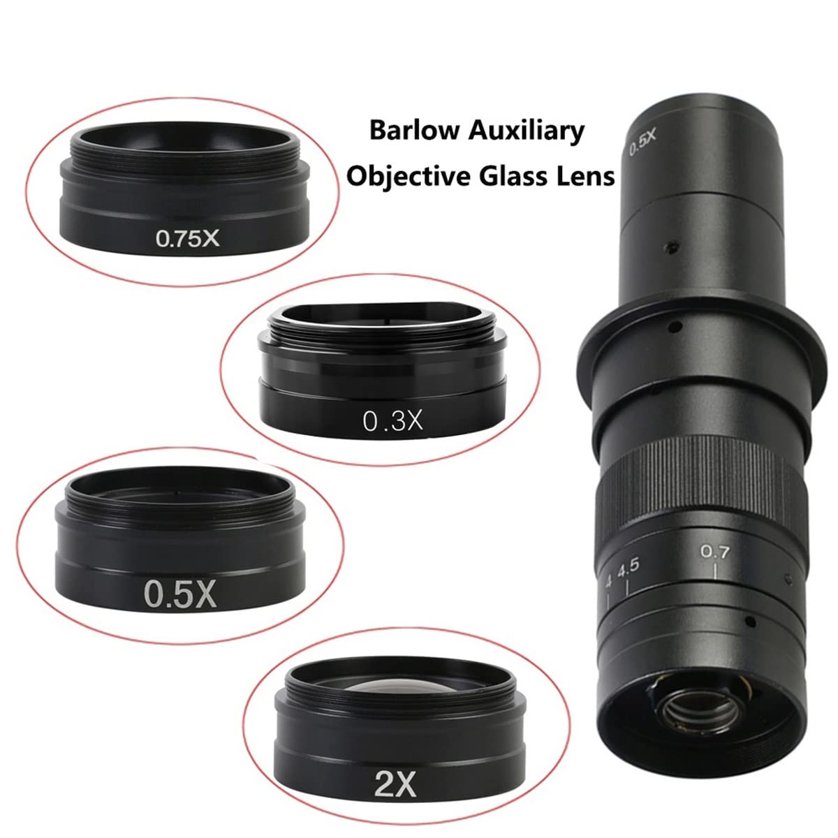 Mikroskopowy obiektyw pomocniczy z zoomem 180X C-MOUNT obiektyw + 0,75 x 0,5 x 2,0 x 0,3 x Barlow pomocniczy obiektyw szklany obiektyw przemysłowy M42 kamera mikroskopowa wideo (180x-F)
