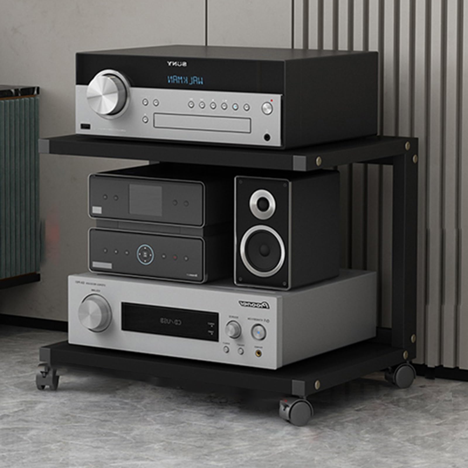 Nowoczesny stojak stereo z kółkami, uchwyt multimediów audio i wideo, wsparcie multimediów AV, odtwarzacz audio wieża stojaka, drewniana szafka stereo, wieża Rack