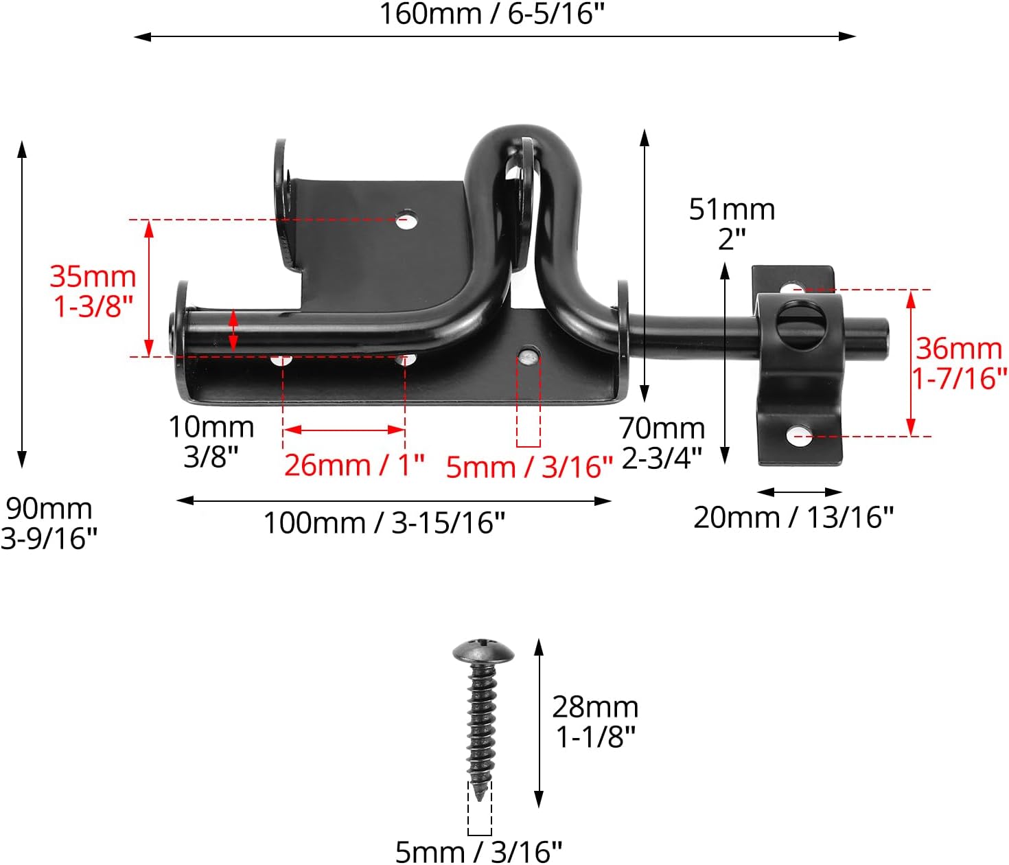 QWORK Slide Bolt Gate Latch, Heavy-Duty Gate Lock with Padlock Hole for Wooden Vinyl Fence Barn Doors – 6-3/8" Black, 2 Pack