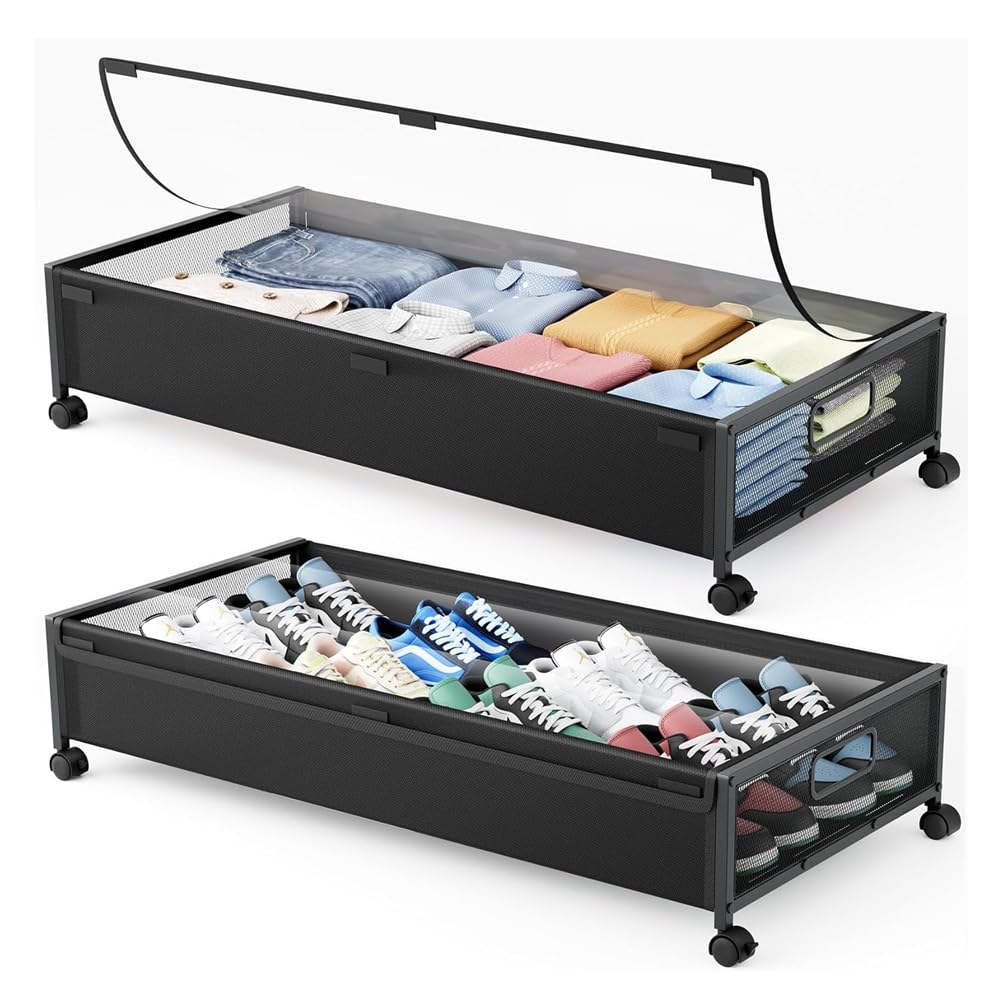 2 Pack Under Bed Storage with Wheels Metal Underbed Storage Bins with Clear Lid Under The Bed Containers Drawers Closet Organizers for Shoes Blankets Books Clothes Pillows Toys (Black)-image-40