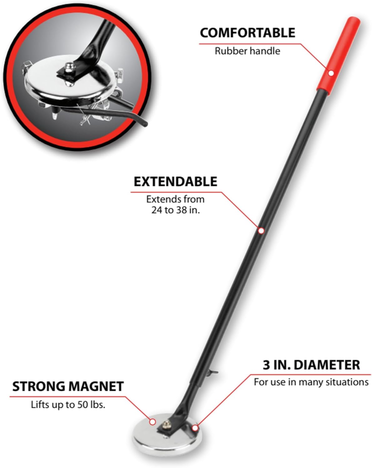 Performance Tool W2070 50-Pound Extendable Magnetic Pickup Tool for Retrieving Heavy Items