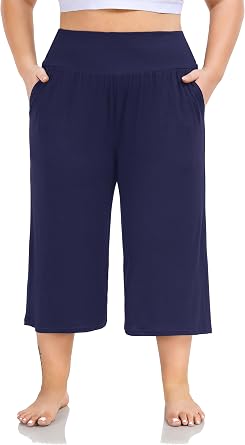 ZERDOCEAN Womens Plus Size Wide Leg Capris High Waist Yoga Pants Casual Loose Lounge Pants with Pockets