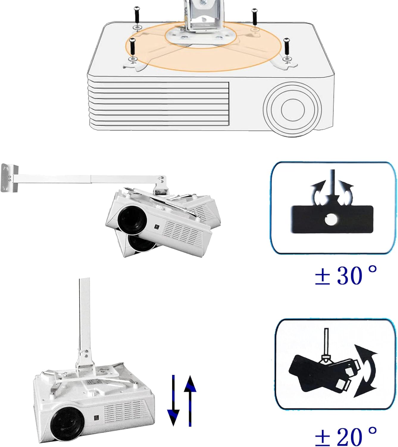 Projector Ceiling and Wall Mount, Easy Installation Versatile Mount, Universal Max 20 kg, White