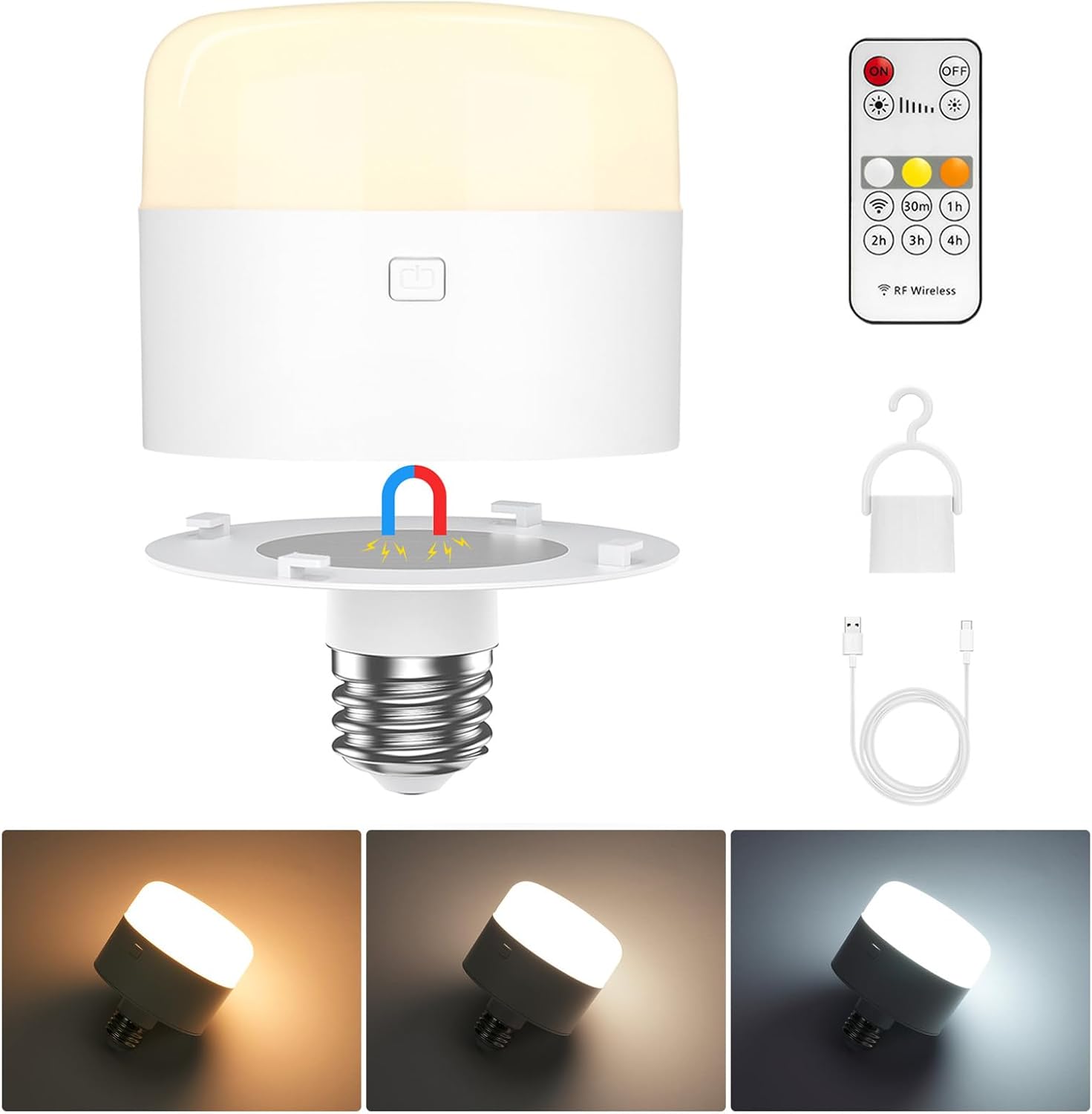 Rechargeable Light Bulbs with Remote, 10000mAh Battery Operated Light Detachable, 3CCT Battery Powered Dimmable Bulbs Wireless E26 USB Magnetic for Camping, Outdoor, Kitchen, Cabinet