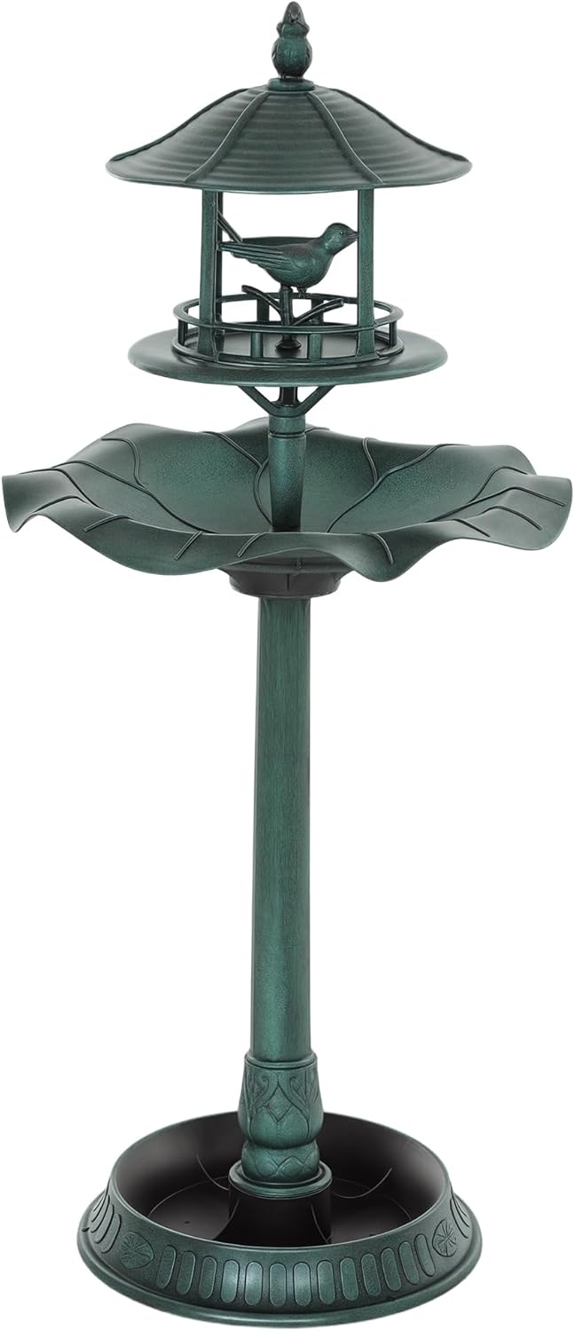 Outsunny 3 in 1 Garden Bird Bath Bowl Pedestal with Bird Feeder, Large Water Basin, Underneath Flower Planter, Green