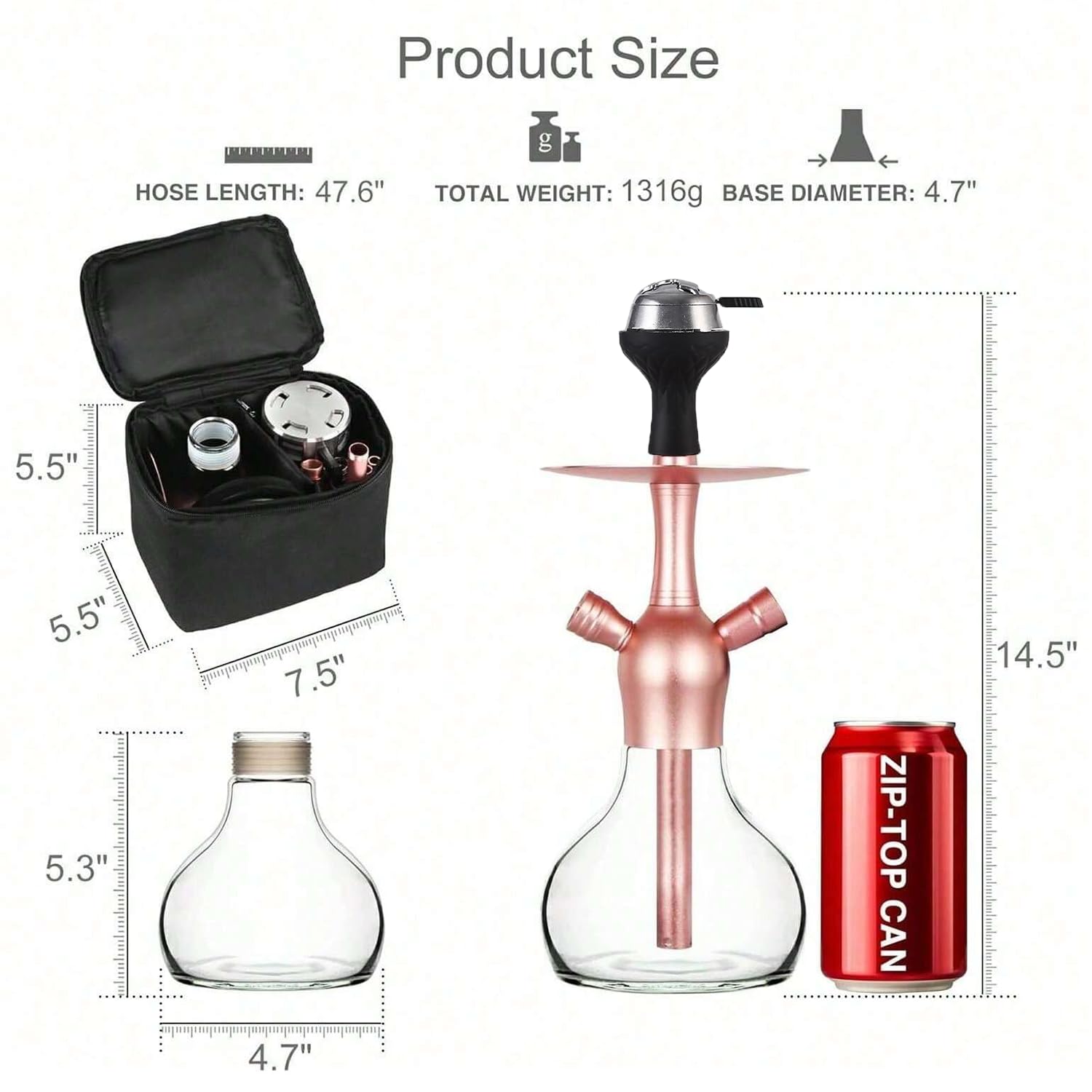 RMAN® Shisha Set Komplett Aluminium 37cm Mini Wasserpfeife mit 2 Schläuche | Deutschland, Tasche, Premium Zubehör, Zange, Kopf Set, Mundstück, Tauchrohr, Diffusor & Acryl Bowl, Glasflasche, Rosa