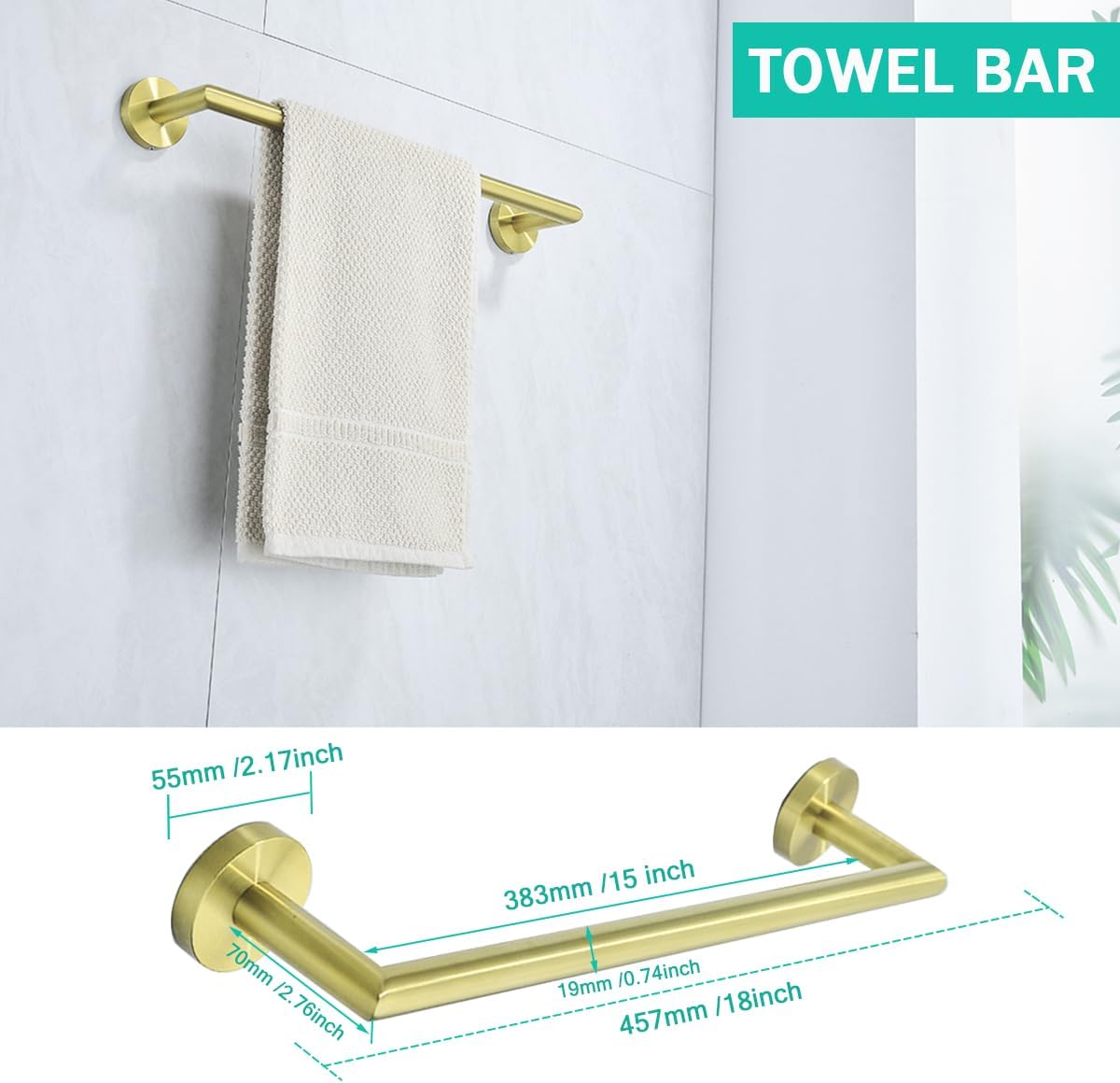 Brushed Gold Bathroom Hardware Accessories Set 4 Pieces Bath Towel Bar Set with 18 Inch Towel Bar,Toilet Paper Holder,Towel Hooks,SUS 304 Stainless Steel Wall Mounted Bathroom Towel Rack Set