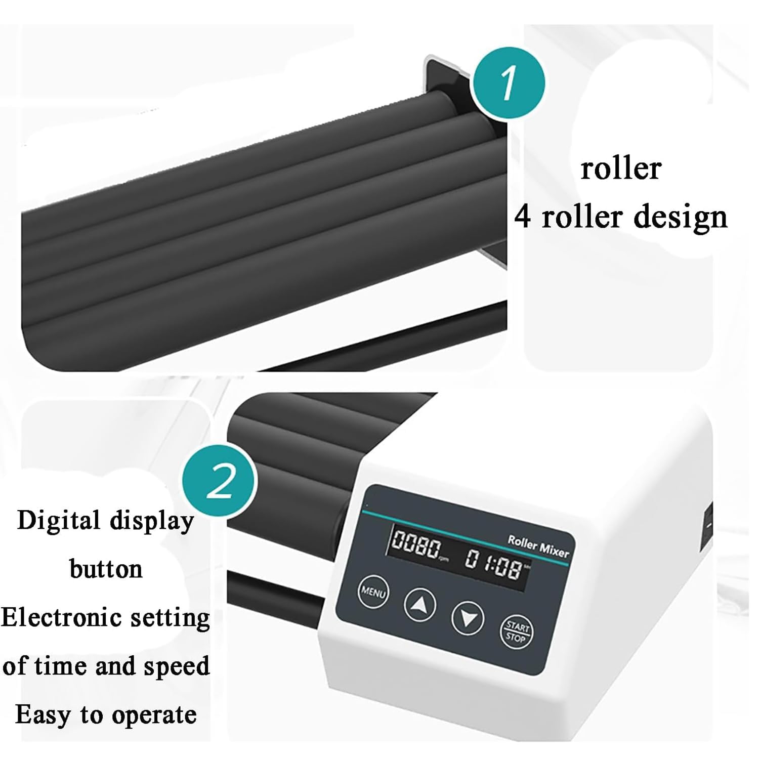 Mezclador digital de rodillos, agitador de botellas de laboratorio de 4 rodillos, velocidad 20-80 RPM, capacidad de hasta 1 litro de botella de reactivo o 2 kg, temporizador de 1 min-23 h59 min, para