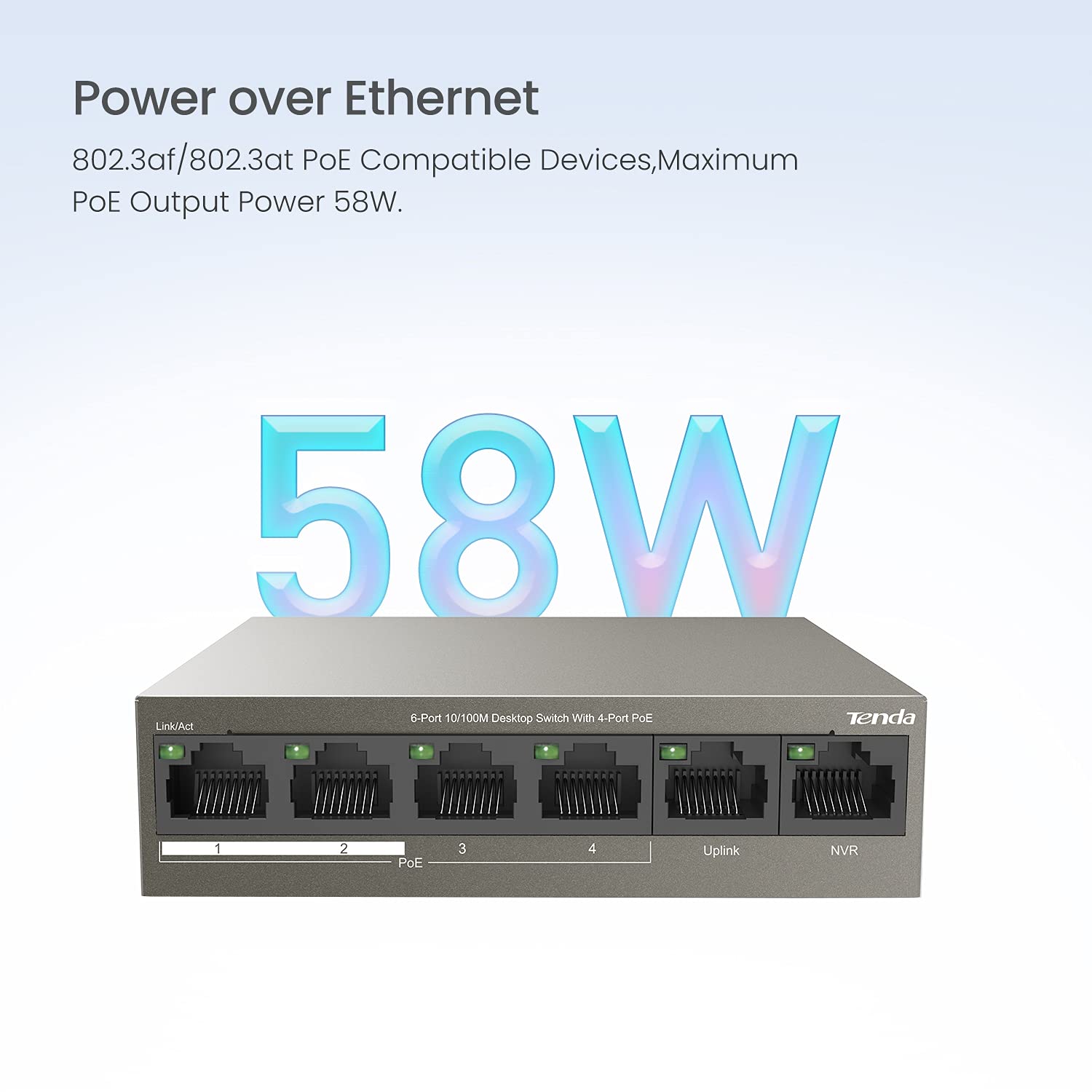 Tenda 6 Port 10/100Mbps Fast Ethernet Unmanaged PoE Switch-with 4 PoE Ports@58W (TEF1106P) | Desktop & Wall-Mount | Fanless Ethernet Splitter | Plug & Play | Sturdy Metal | Limited Lifetime Protection