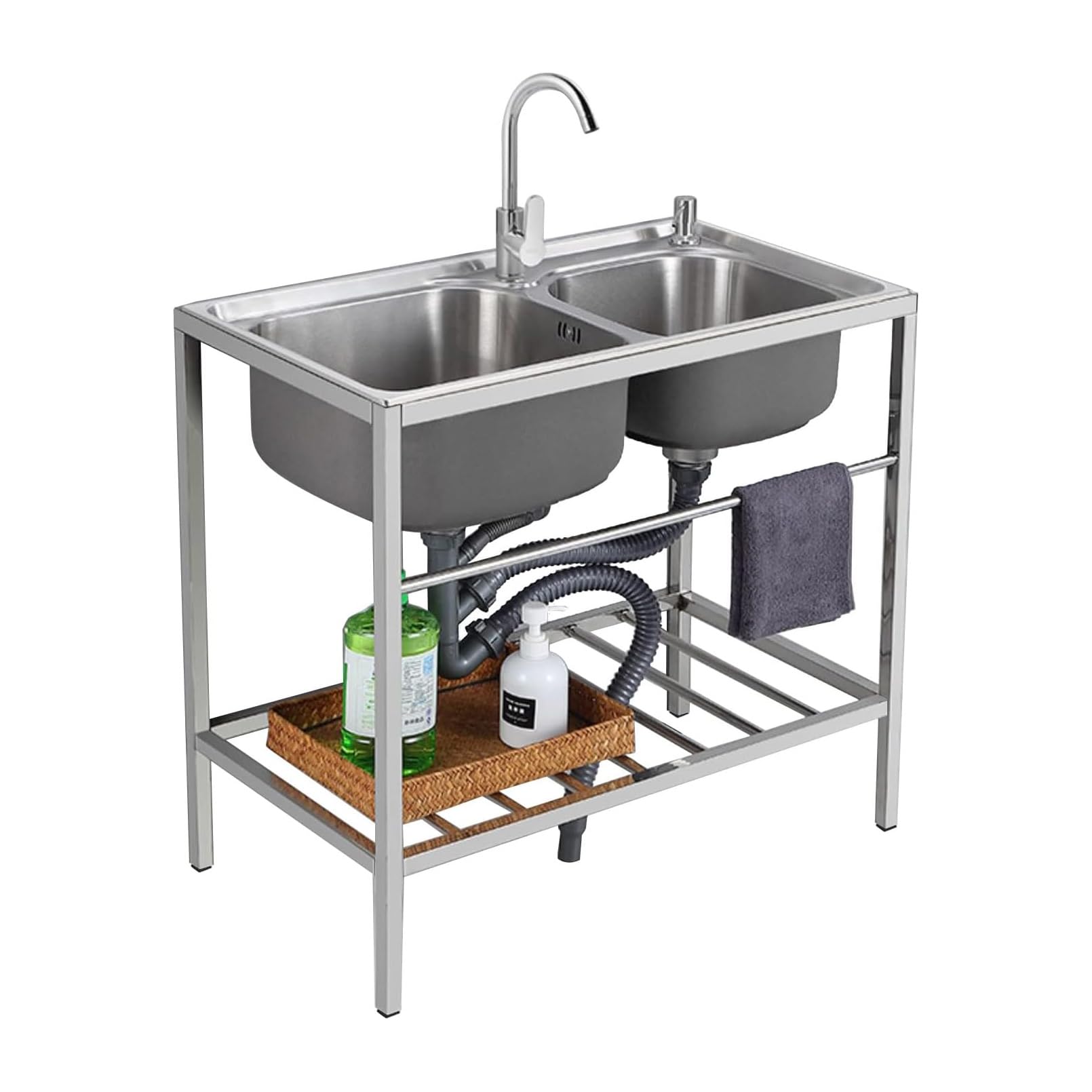 YADZISW 304 Stainless Steel Commercial Sink 2 Compartment Free Standing Utility for Garage, Restaurant, Kitchen, Laundry Room, Outdoor