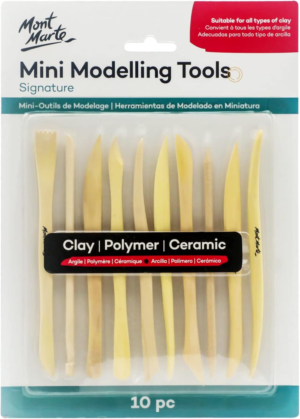 Mont Marte Boxwood Mini Clay Modeling Tools 10 Piece. Set of 10 Double Ended Pieces Providing 20 Clay Modeling Tools. Suitable for Cutting, Carving and Smoothing Clay