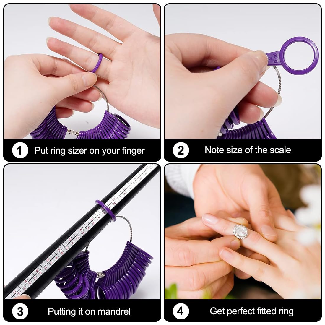 4 Pièces Mesureur De Taille De Bagues - Jauge De Mesure Doigt UK EU USA - Outil Précis Pour Bagues Et Bijoux