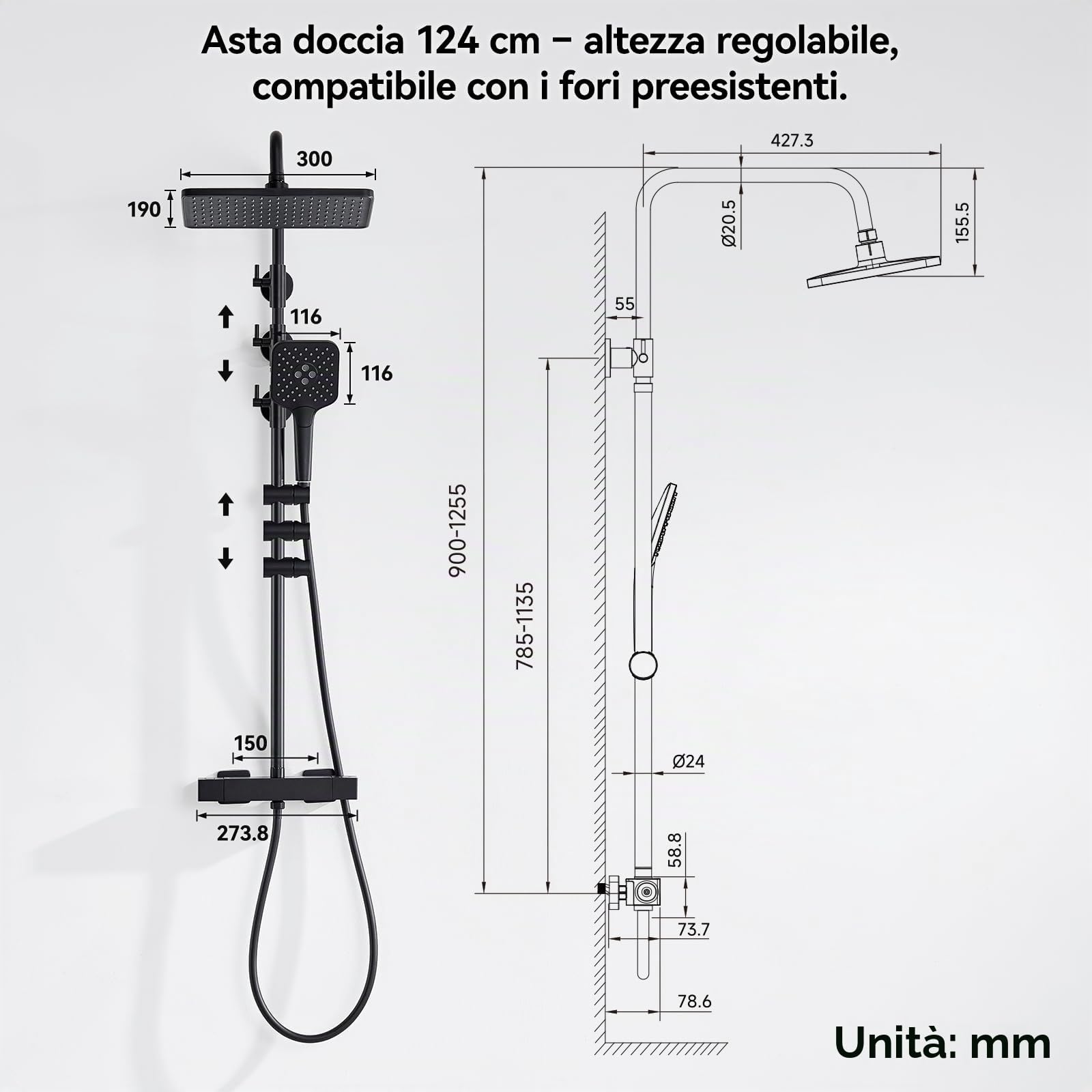 Auralum Colonna Doccia con Miscelatore Termostatico, Miscelatore Doccia Esterno, Saliscendi Doccia con Soffione Doccia 30*19cm e Doccetta 3 Getti, Saliscendi Doccia Altezza Regolabile 90-125cm, Nera